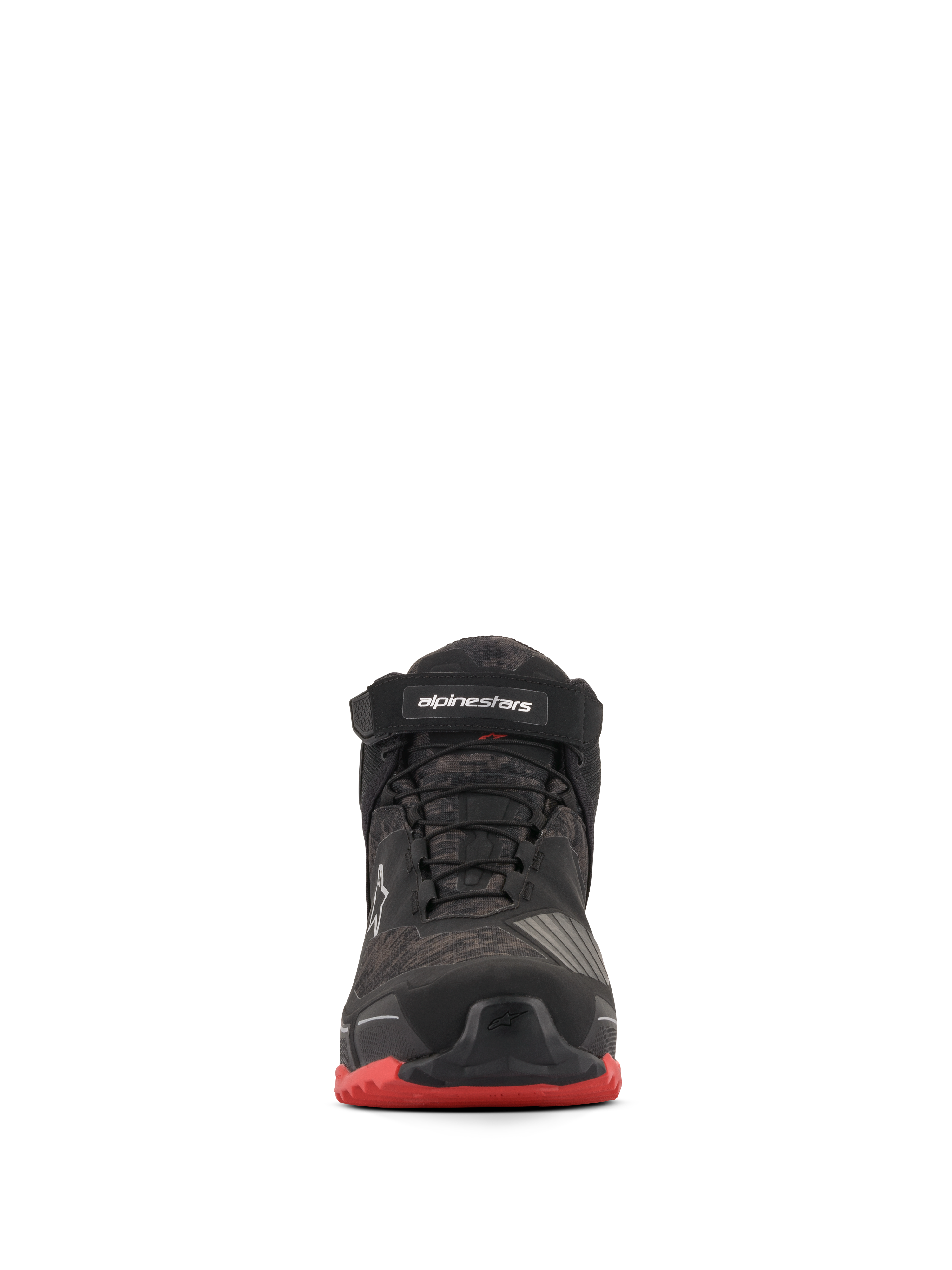 Alpinestars CR-X Drystar® Riding Shoes, buty motocyklowe, czarne z motywem kamuflażu i czerwonymi akcentami, widok z przodu, czarny pasek na kostce z białym logo, czarne sznurowadła i czerwone akcenty na podeszwie