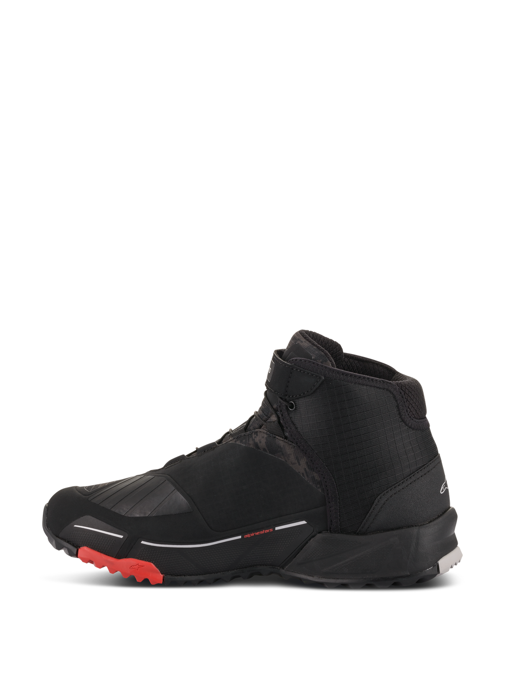 Alpinestars CR-X Drystar® Riding Shoes, czarne moro z czerwonym, wodoodporne buty motocyklowe, widok z boku, czarna tekstylna cholewka z ciemnymi panelami moro, czerwone akcenty na podeszwie, sportowy design inspirowany butami do biegania