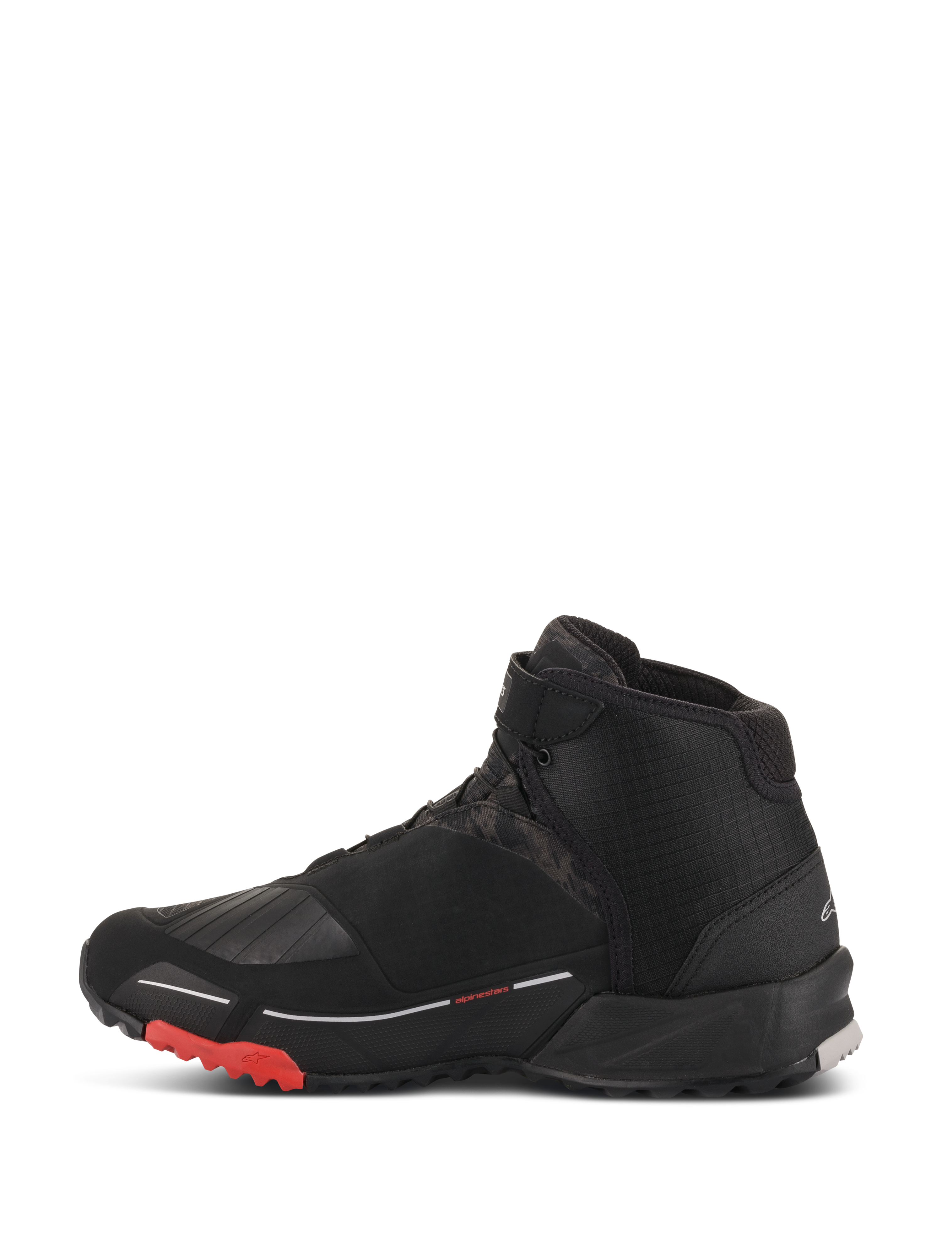 Alpinestars CR-X Drystar® Riding Shoes, czarne moro z czerwonym, wodoodporne buty motocyklowe, widok z boku, czarna tekstylna cholewka z ciemnymi panelami moro, czerwone akcenty na podeszwie, sportowy design inspirowany butami do biegania