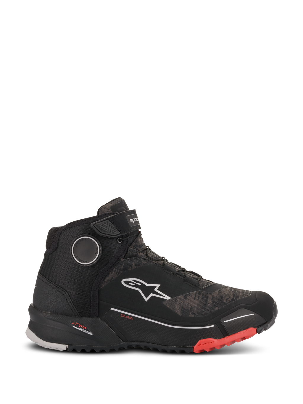 Alpinestars CR-X Drystar Riding Shoes, wodoodporne buty motocyklowe w kolorystyce Black Camo Red, widok z profilu przedstawiający teksturowaną cholewkę we wzór kamuflażu, białe logo Alpinestars, pasek na kostce oraz czarną, żłobioną podeszwę z czerwonymi akcentami przy palcach.