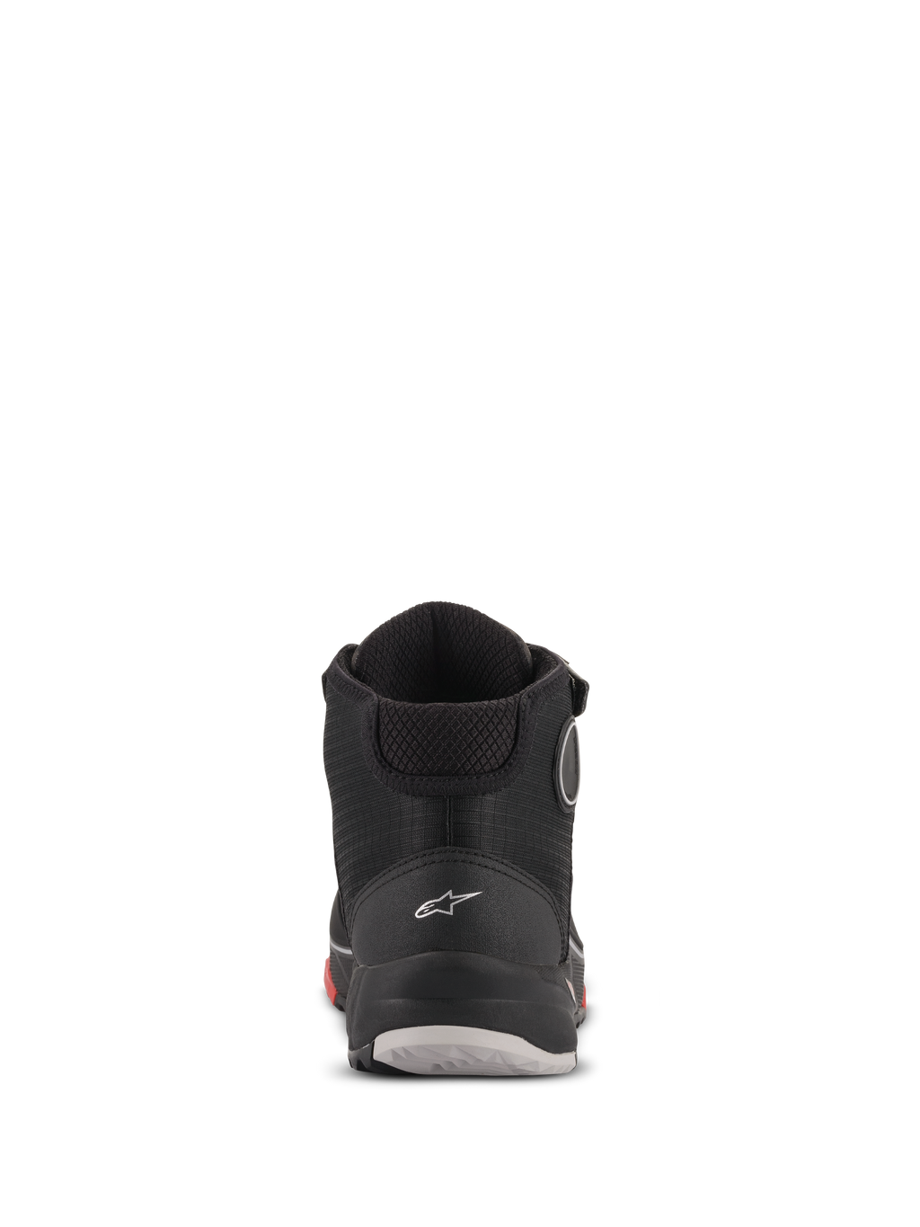 Buty motocyklowe Alpinestars CR-X Drystar®, widok z tyłu, kolor Black Camo Red, białe logo Astars na pięcie, wyściełany kołnierz kostki, wytrzymała podeszwa z czerwonymi i szarymi akcentami