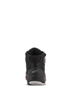 Buty motocyklowe Alpinestars CR-X Drystar®, widok z tyłu, kolor Black Camo Red, białe logo Astars na pięcie, wyściełany kołnierz kostki, wytrzymała podeszwa z czerwonymi i szarymi akcentami