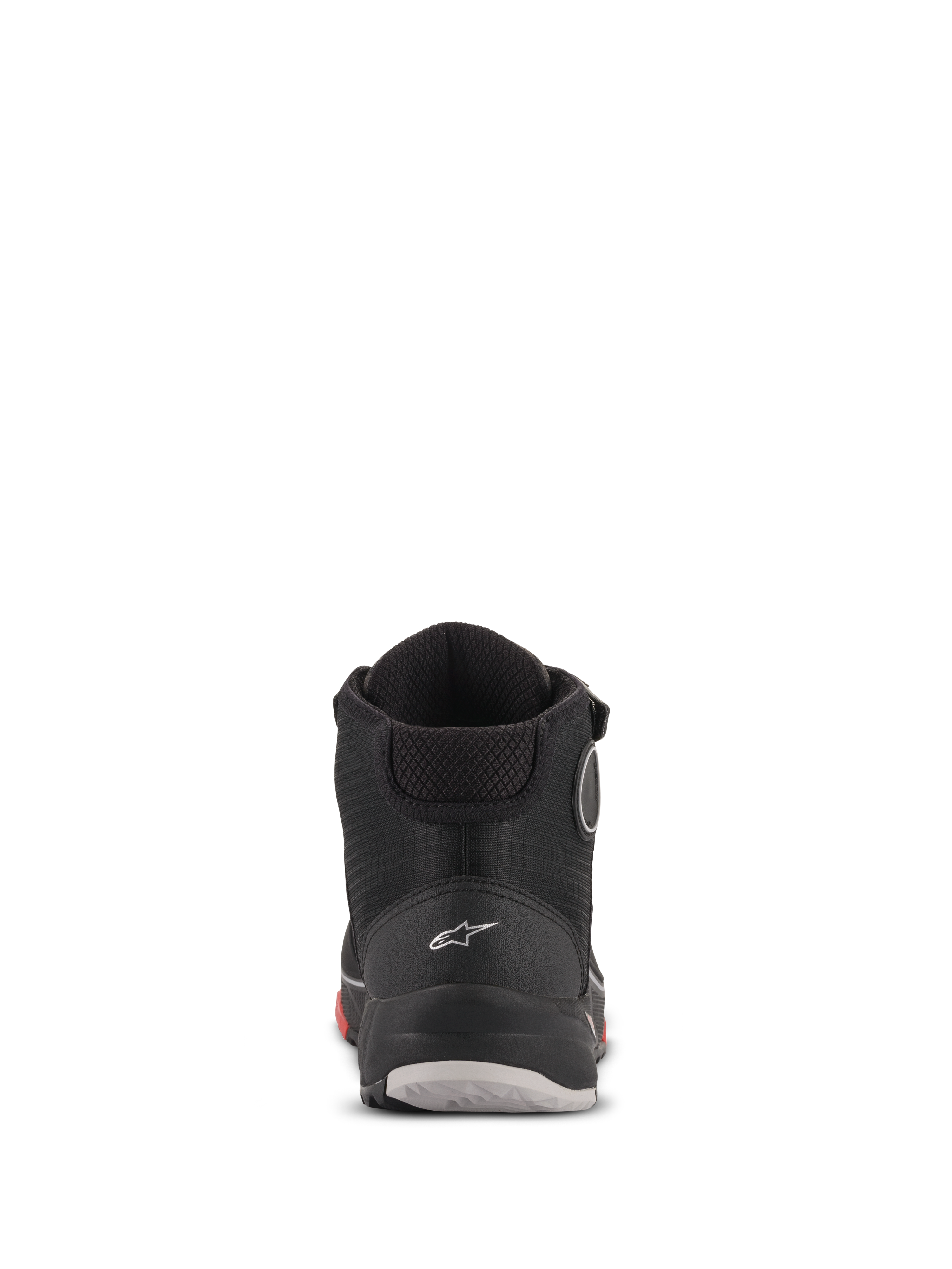 Buty motocyklowe Alpinestars CR-X Drystar®, widok z tyłu, kolor Black Camo Red, białe logo Astars na pięcie, wyściełany kołnierz kostki, wytrzymała podeszwa z czerwonymi i szarymi akcentami