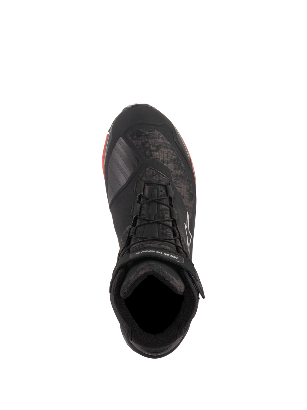 Buty motocyklowe Alpinestars CR-X Drystar®, Black Camo Red, widok z góry prezentujący wzór kamuflażu i czarne sznurowadła, pasek na kostce z białym logo Alpinestars, wodoodporne obuwie motocyklowe z czerwonymi akcentami na podeszwie