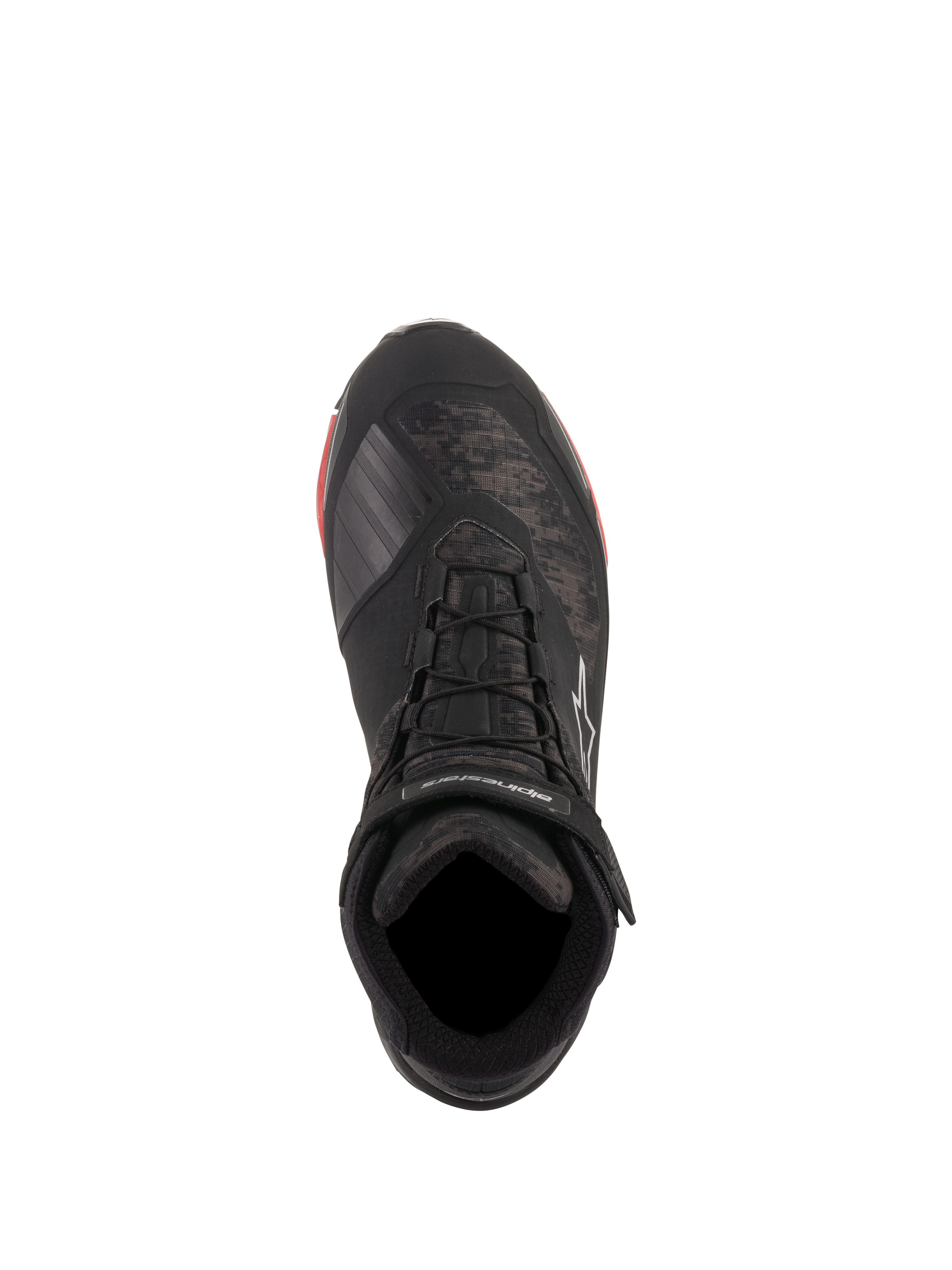Buty motocyklowe Alpinestars CR-X Drystar®, Black Camo Red, widok z góry prezentujący wzór kamuflażu i czarne sznurowadła, pasek na kostce z białym logo Alpinestars, wodoodporne obuwie motocyklowe z czerwonymi akcentami na podeszwie