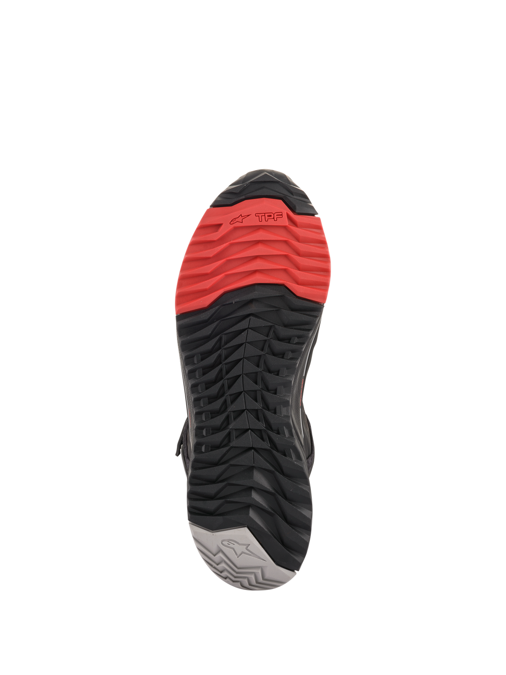 Buty motocyklowe Alpinestars CR-X Drystar®, widok podeszwy, wielokolorowy wzór bieżnika z czerwonym przodem, czarnym środkiem i szarą piętą, agresywna konstrukcja zapewniająca przyczepność, ochronę i komfort chodzenia