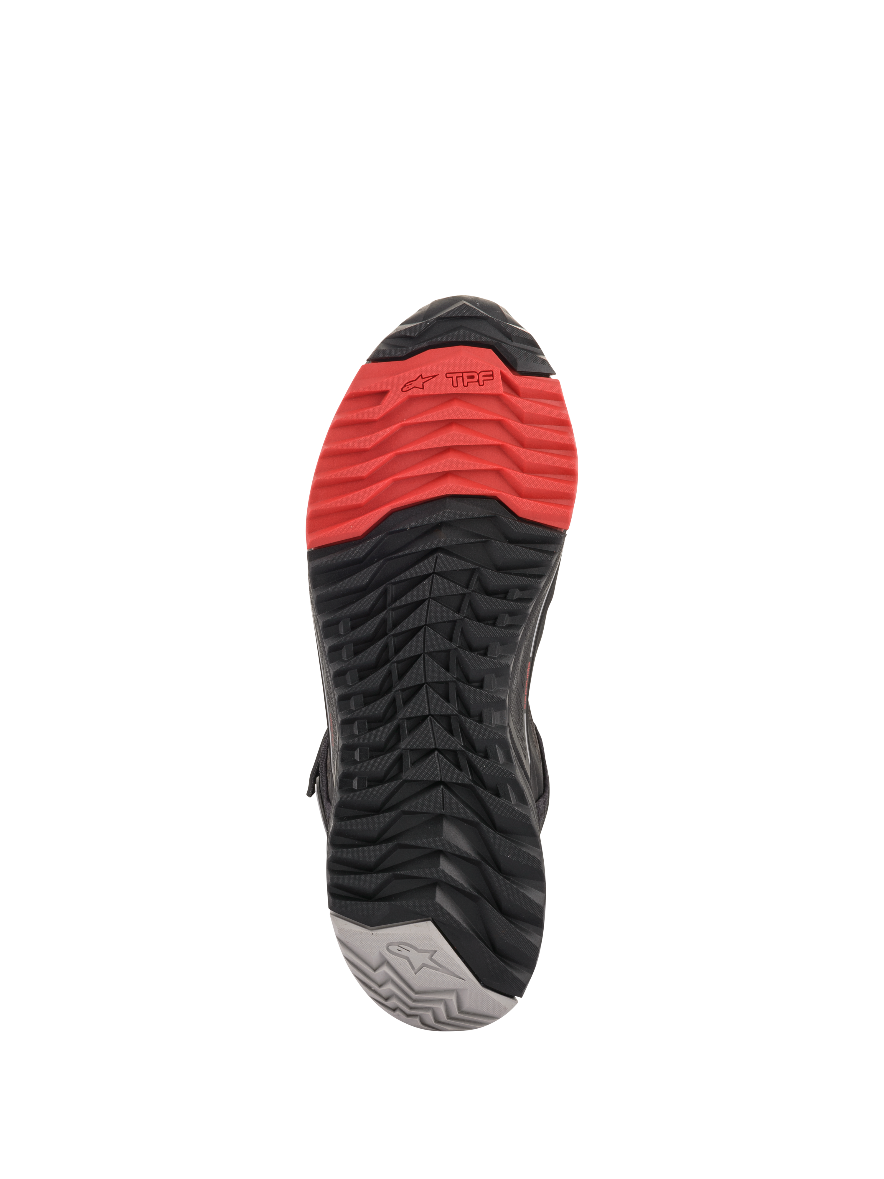 Buty motocyklowe Alpinestars CR-X Drystar®, widok podeszwy, wielokolorowy wzór bieżnika z czerwonym przodem, czarnym środkiem i szarą piętą, agresywna konstrukcja zapewniająca przyczepność, ochronę i komfort chodzenia