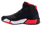 Alpinestars MM93 CR-X Drystar® Riding Shoes, Motorcycle Riding Shoes, Black Red and White, side profile view featuring a black textile upper, red interior lining, and white midsole with red accents, protective shift pad, sporty running shoe-inspired design