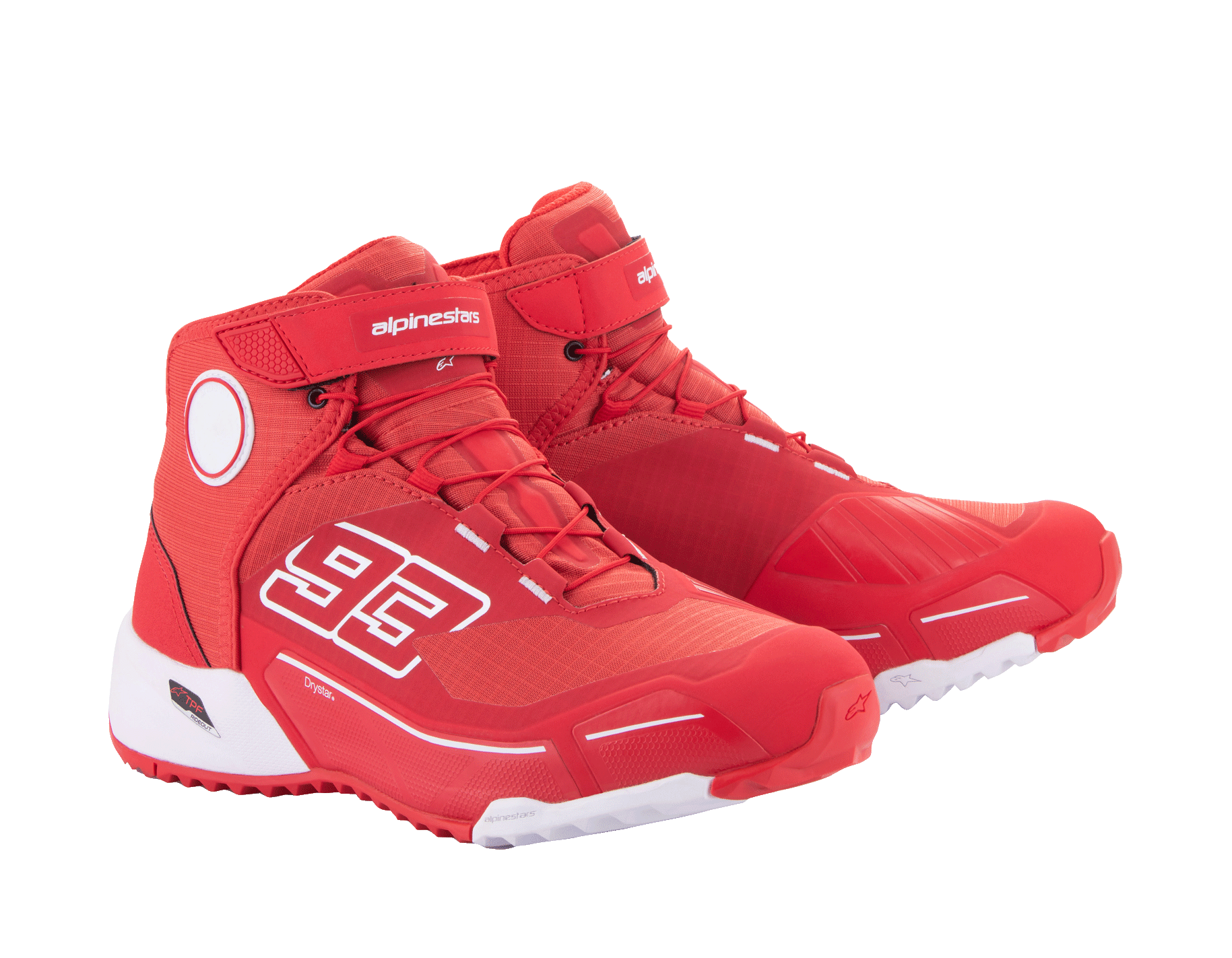 Buty motocyklowe Alpinestars MM93 CR-X Drystar®, jaskrawoczerwone i białe, widok z boku, z grafiką „93” na boku, logo Alpinestars na pasku, biała techniczna podeszwa, sylwetka inspirowana butami do biegania do jazdy na motocyklu