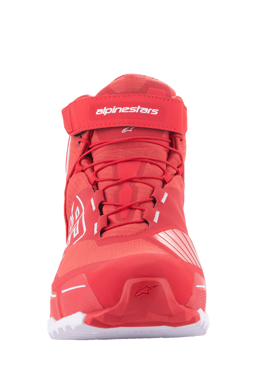 Alpinestars MM93 CR-X Drystar® Riding Shoes, buty motocyklowe, jaskrawoczerwone i białe, widok z przodu z czerwonymi sznurowadłami, paskiem na rzep przy kostce z białym logo Alpinestars i sportową sylwetką inspirowaną butami do biegania