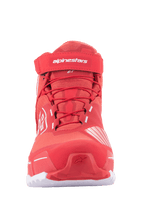 Alpinestars MM93 CR-X Drystar® Riding Shoes, buty motocyklowe, jaskrawoczerwone i białe, widok z przodu z czerwonymi sznurowadłami, paskiem na rzep przy kostce z białym logo Alpinestars i sportową sylwetką inspirowaną butami do biegania