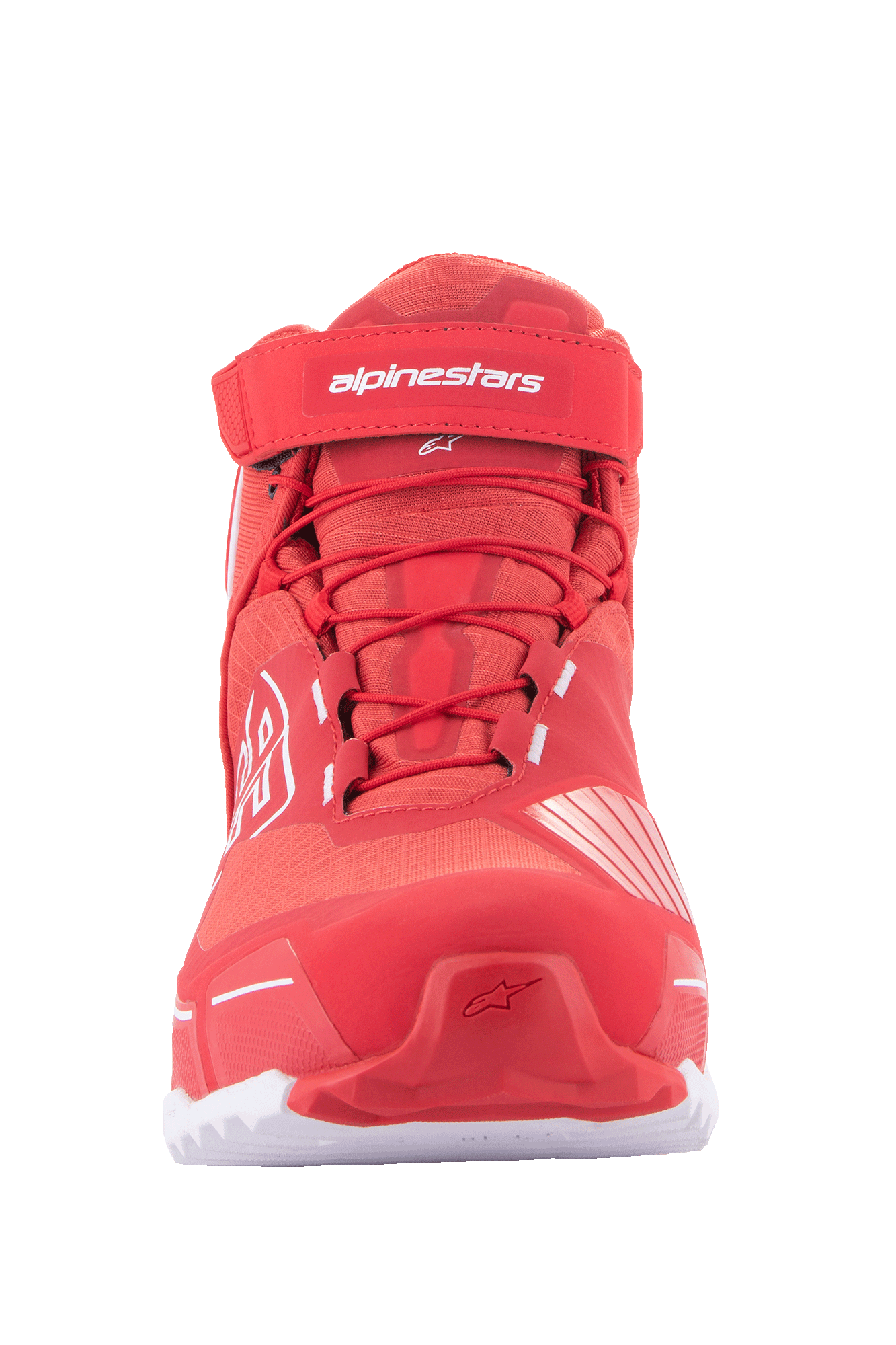 Alpinestars MM93 CR-X Drystar® Riding Shoes, buty motocyklowe, jaskrawoczerwone i białe, widok z przodu z czerwonymi sznurowadłami, paskiem na rzep przy kostce z białym logo Alpinestars i sportową sylwetką inspirowaną butami do biegania