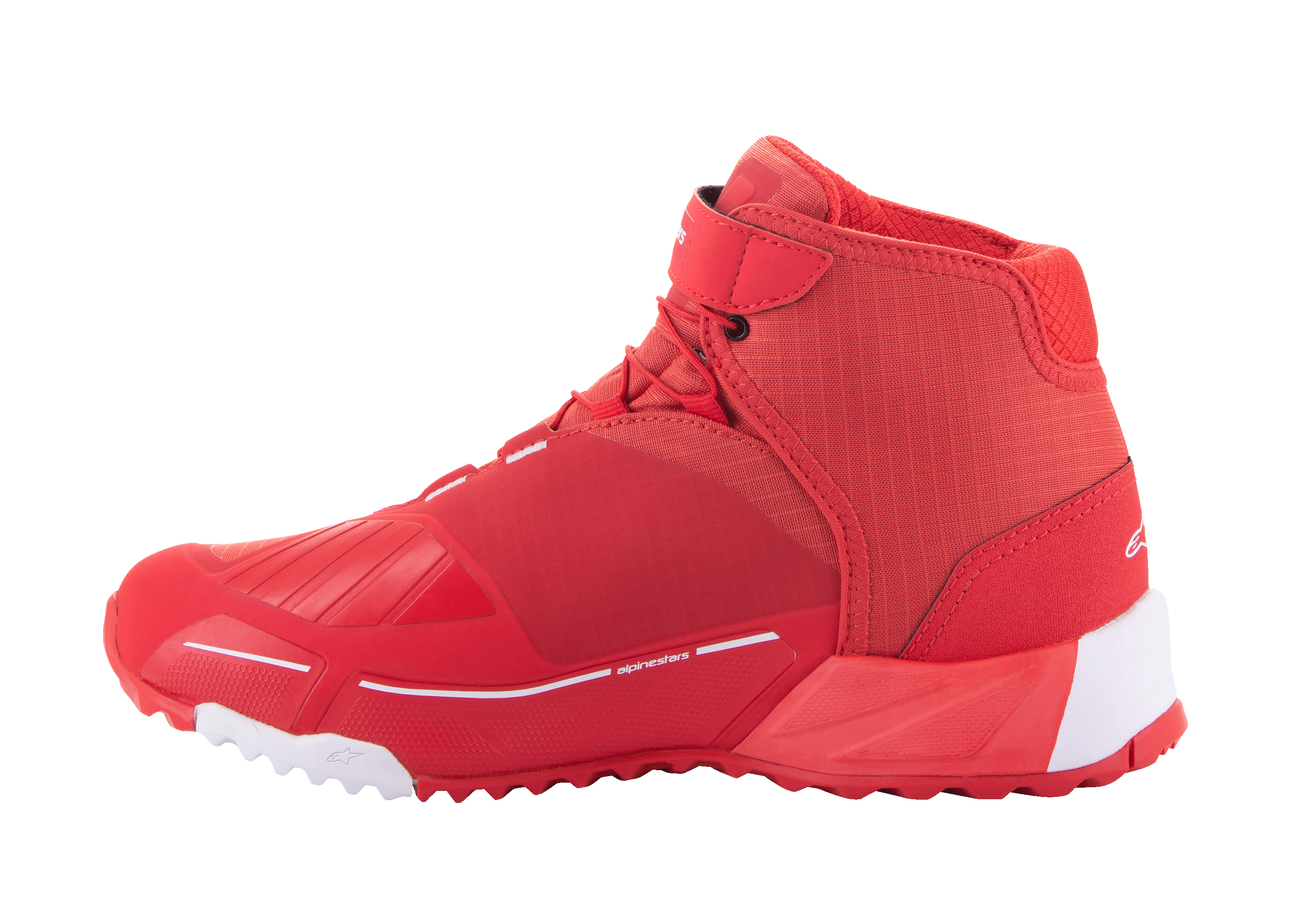 Buty motocyklowe Alpinestars MM93 CR-X Drystar, jasnoczerwone i białe, widok z boku, smukły sportowy design ze wzmocnieniem pod dźwignię zmiany biegów, białe akcenty na pięcie i palcach na czerwonej podeszwie, miejskie obuwie motocyklowe