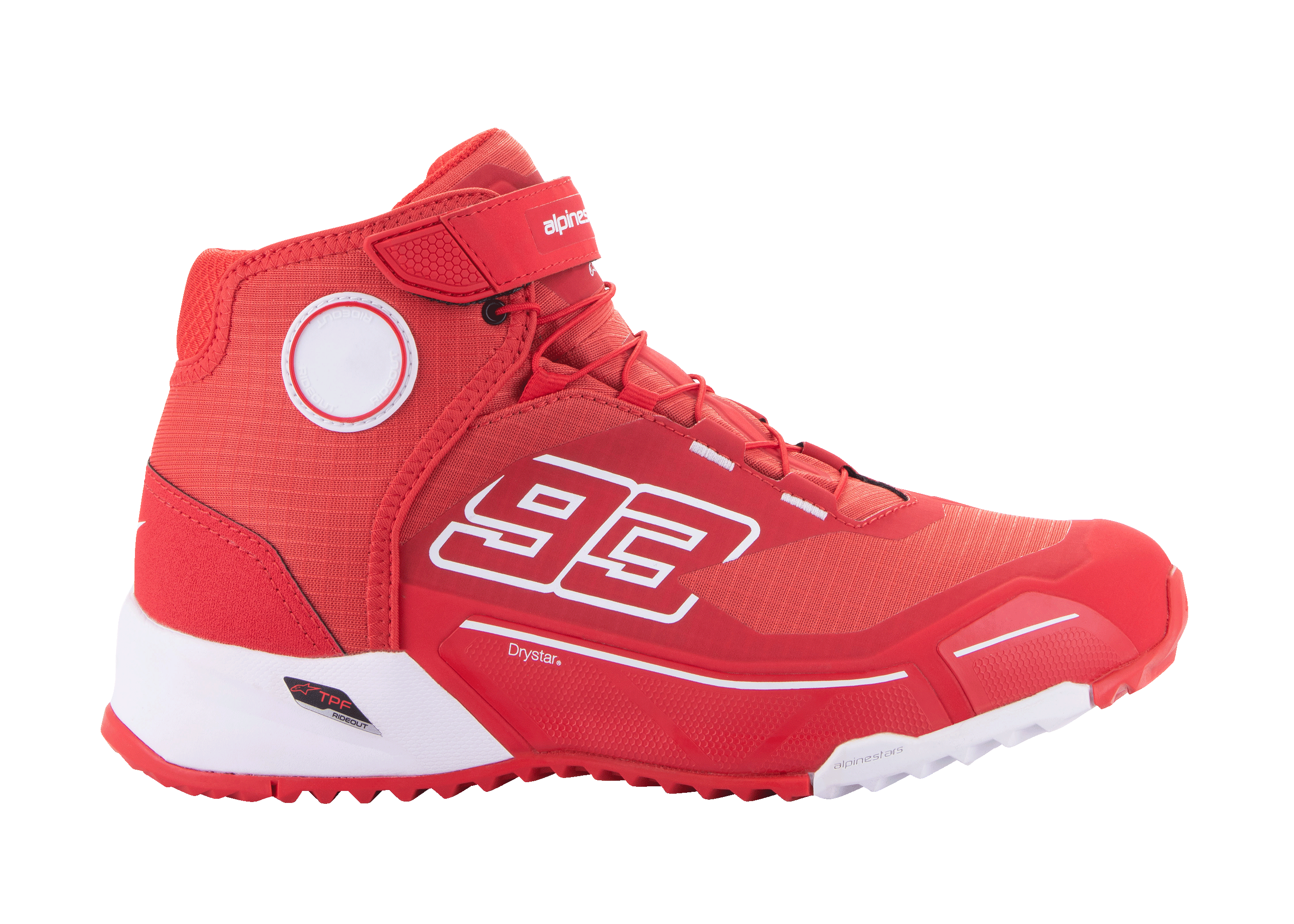 Alpinestars MM93 CR-X Drystar Riding Shoes, miejskie obuwie motocyklowe, jaskrawoczerwone i białe, wysoka konstrukcja z numerem 93 Marca Marqueza, wodoodporna technologia Drystar, teksturowana cholewka z tkaniny, biała podeszwa środkowa EVA i czerwona gumowa podeszwa, zapięcie na rzep i sznurowadła