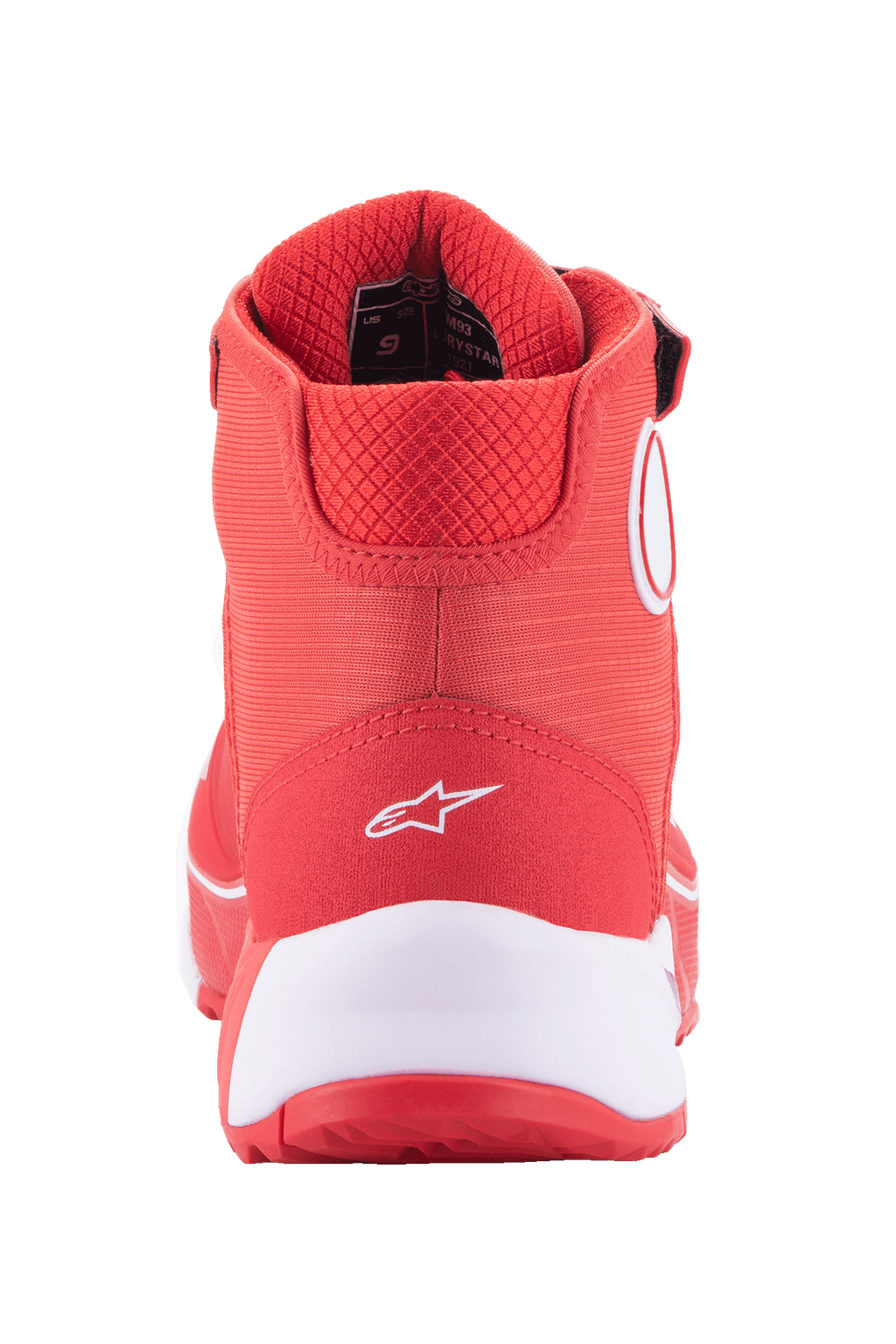 Buty motocyklowe Alpinestars MM93 CR-X Drystar®, jaskrawoczerwone i białe, widok z tyłu na piętę z białym logo Alpinestars, gruba biała podeszwa środkowa i wyściełany czerwony kołnierz z siateczki