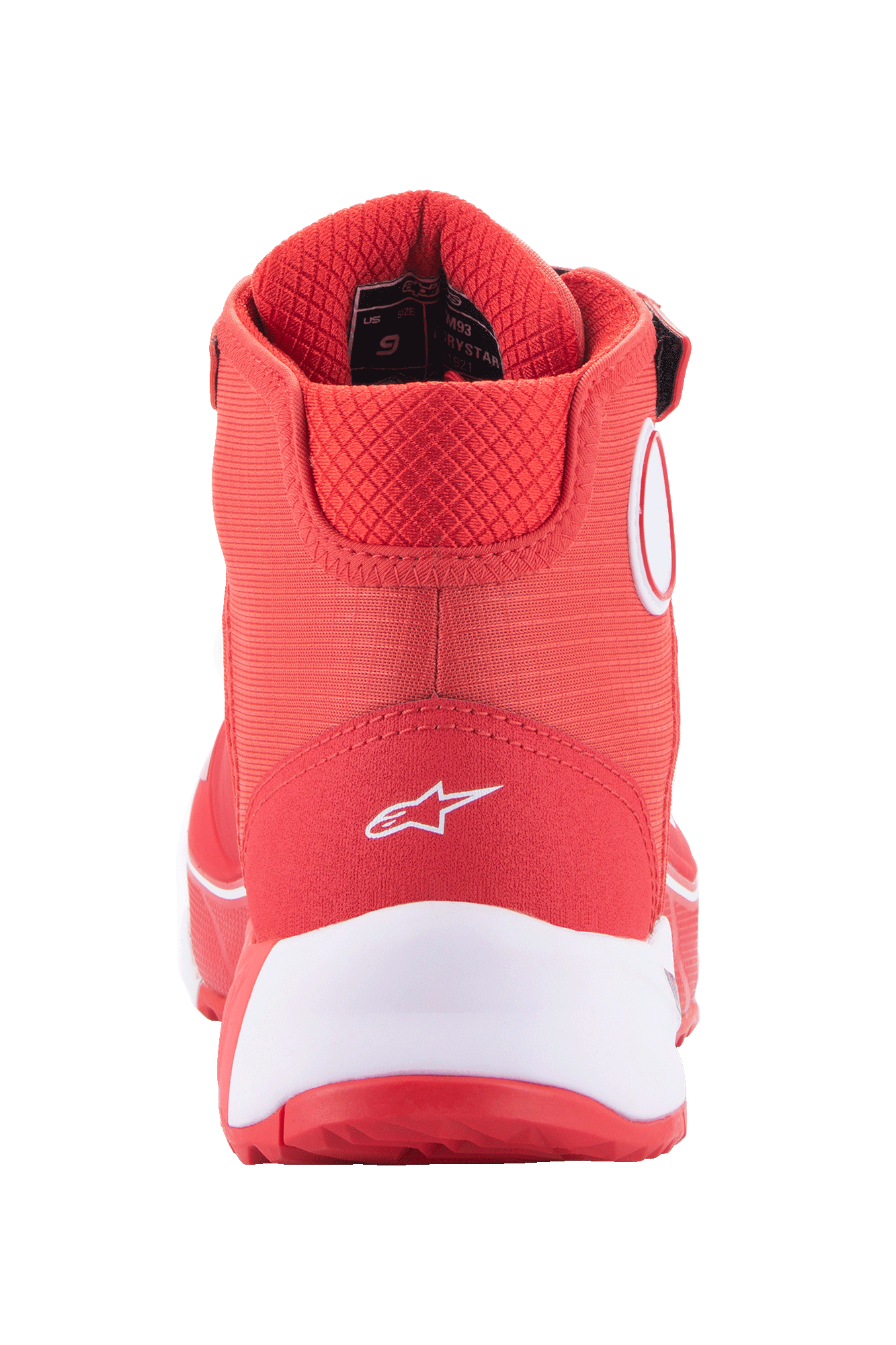 Buty motocyklowe Alpinestars MM93 CR-X Drystar®, jaskrawoczerwone i białe, widok z tyłu na piętę z białym logo Alpinestars, gruba biała podeszwa środkowa i wyściełany czerwony kołnierz z siateczki