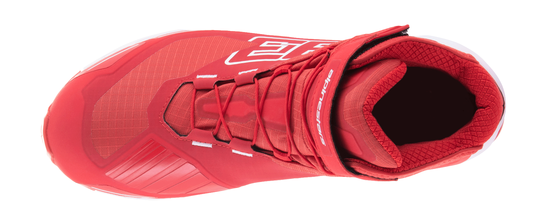 Alpinestars MM93 CR-X Drystar Riding Shoe, buty motocyklowe, jasnoczerwone i białe, widok z góry prezentujący system sznurowania i regulowany pasek na kostkę, duża grafika 93 i branding Alpinestars, wodoodporne obuwie o designie inspirowanym butami do biegania
