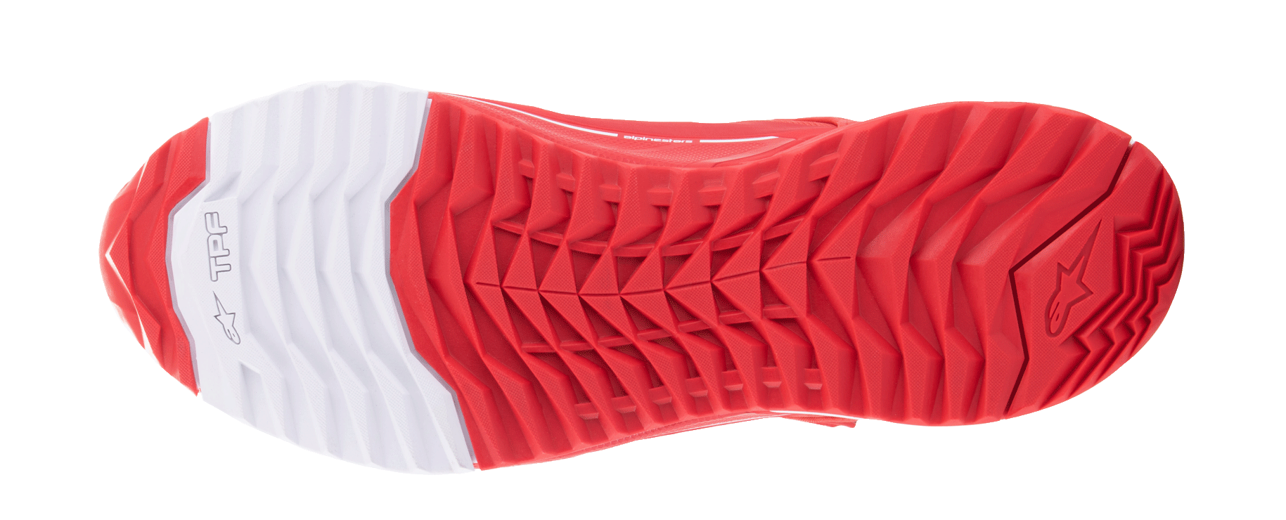 Alpinestars MM93 CR-X Drystar® Riding Shoes, widok podeszwy zewnętrznej, jaskrawoczerwone i białe, asymetryczna konfiguracja kołków zapewniająca przyczepność, biała sekcja pięty z logo gwiazdy Alpinestars, olejoodporna podwójna mieszanka gumy zapewniająca stabilność i komfort chodzenia
