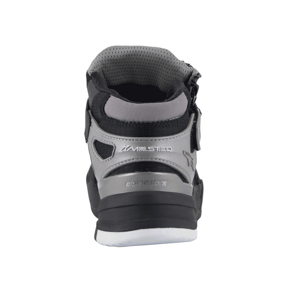 Alpinestars Speedflight Street Shoes, Black Gun Metal, rear view of urban motorcycle riding shoe, featuring MO.ST.EQ branding on the heel, gray and black mesh and synthetic panels, durable textured sole.