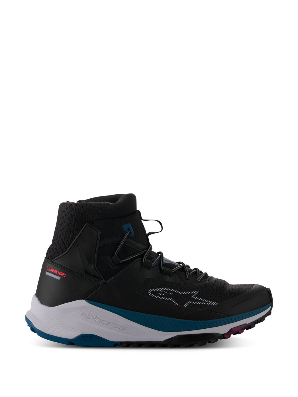 Alpinestars Speedforce XR Shoes, czarne wysokie sneakersy motocyklowe, teksturowany kołnierz z oddychającej siatki, biała podeszwa środkowa z akcentami petrol green, wytrzymała czarna podeszwa z różowymi detalami, logo z przerywaną gwiazdą z boku, kolekcja Urban Series, nowoczesne obuwie do jazdy miejskiej