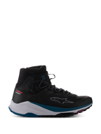 Alpinestars Speedforce XR Shoes, czarne wysokie sneakersy motocyklowe, teksturowany kołnierz z oddychającej siatki, biała podeszwa środkowa z akcentami petrol green, wytrzymała czarna podeszwa z różowymi detalami, logo z przerywaną gwiazdą z boku, kolekcja Urban Series, nowoczesne obuwie do jazdy miejskiej