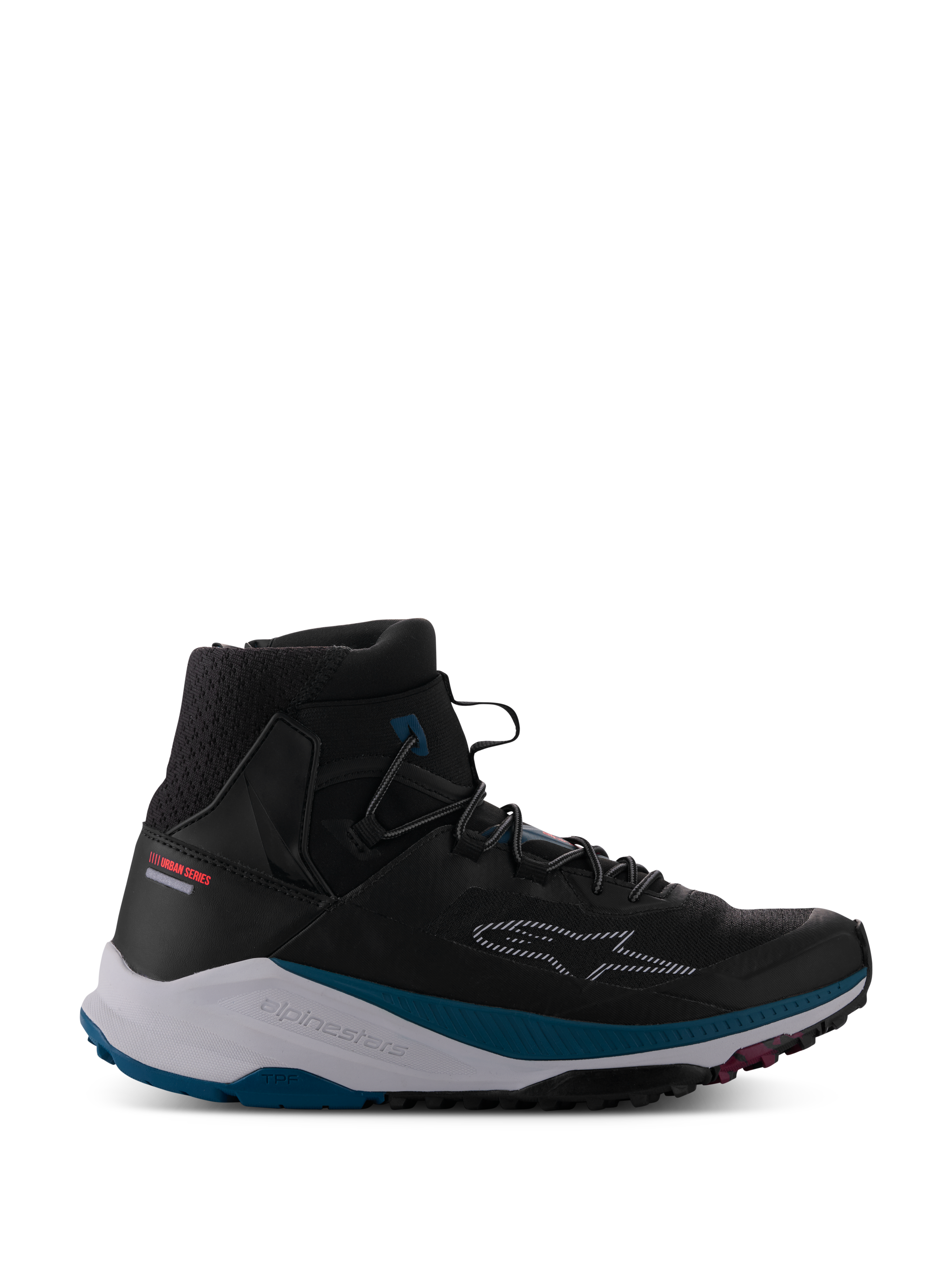 Alpinestars Speedforce XR Shoes, czarne wysokie sneakersy motocyklowe, teksturowany kołnierz z oddychającej siatki, biała podeszwa środkowa z akcentami petrol green, wytrzymała czarna podeszwa z różowymi detalami, logo z przerywaną gwiazdą z boku, kolekcja Urban Series, nowoczesne obuwie do jazdy miejskiej