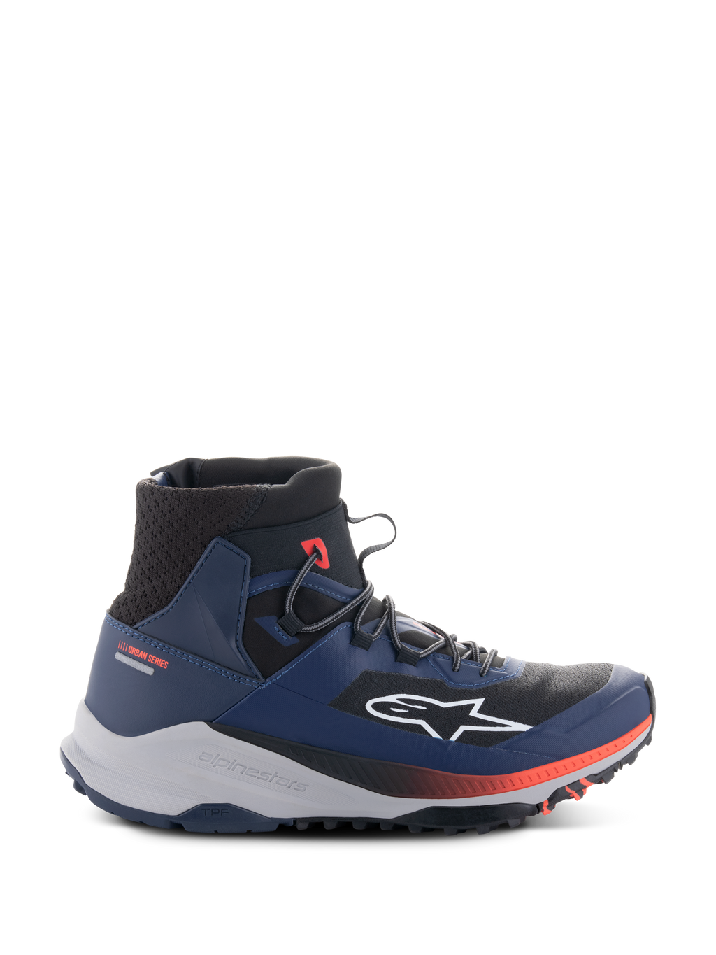 Alpinestars Speedforce XR Shoes, wysokie miejskie buty motocyklowe, niebieskie i czarne z czerwonymi akcentami, wytrzymała jasnoszara podeszwa, siateczkowa tekstura przy kostce, widok z boku