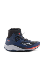 Alpinestars Speedforce XR Shoes, wysokie miejskie buty motocyklowe, niebieskie i czarne z czerwonymi akcentami, wytrzymała jasnoszara podeszwa, siateczkowa tekstura przy kostce, widok z boku