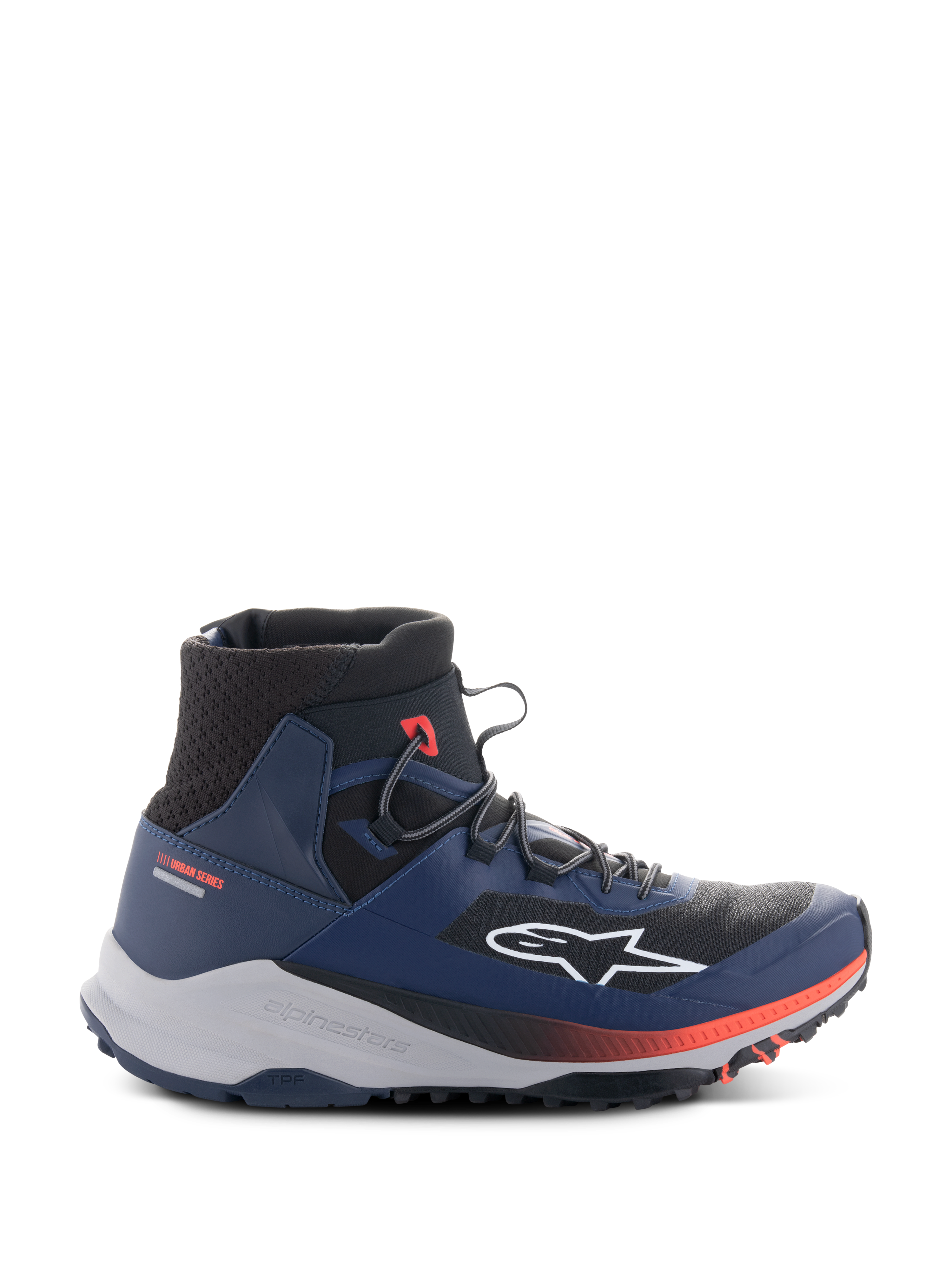 Alpinestars Speedforce XR Shoes, wysokie miejskie buty motocyklowe, niebieskie i czarne z czerwonymi akcentami, wytrzymała jasnoszara podeszwa, siateczkowa tekstura przy kostce, widok z boku