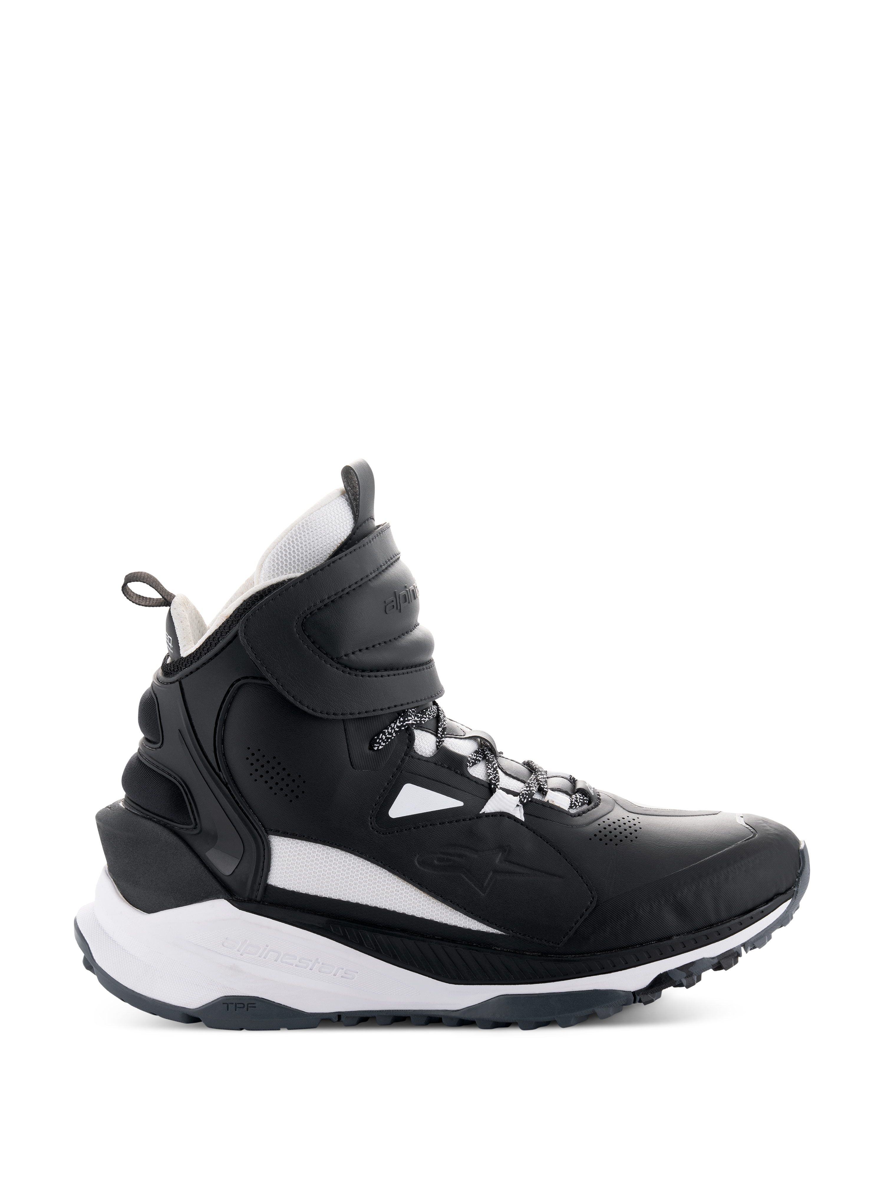 Alpinestars Speedstreet Shoes, wysokie sneakersy motocyklowe, czarno-białe, widok z boku z dużym paskiem na rzep przy kostce, grubą białą podeszwą środkową z logo Alpinestars i TPF oraz wytrzymałą gumową podeszwą zewnętrzną do jazdy miejskiej.