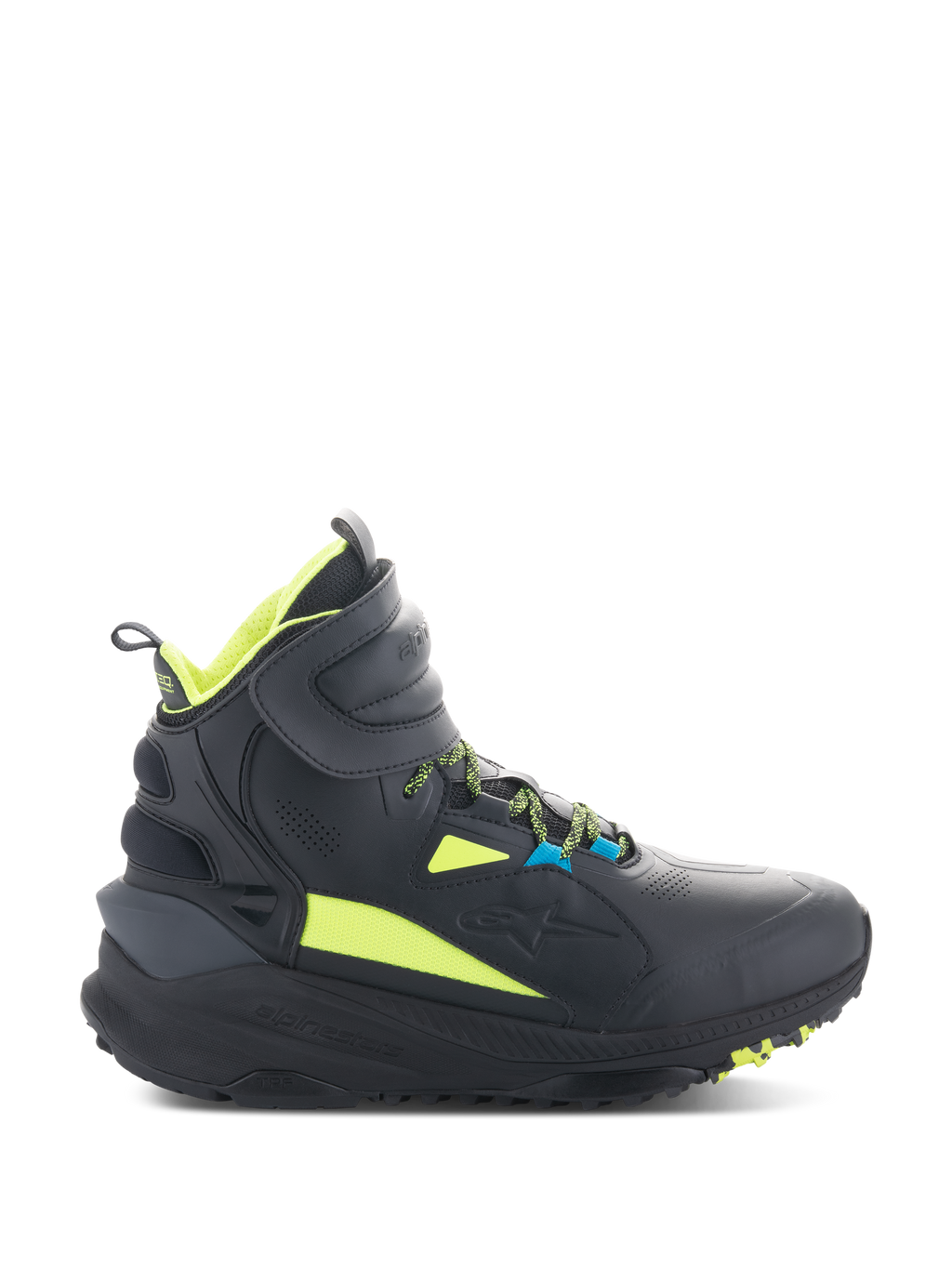 Alpinestars Speedstreet Shoes, czarne wysokie sneakersy motocyklowe z neonowożółtymi i niebieskimi akcentami, gruba teksturowana podeszwa, wyściełany kołnierz, nowoczesny sportowy design do jazdy miejskiej