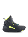 Alpinestars Speedstreet Shoes, czarne wysokie sneakersy motocyklowe z neonowożółtymi i niebieskimi akcentami, gruba teksturowana podeszwa, wyściełany kołnierz, nowoczesny sportowy design do jazdy miejskiej