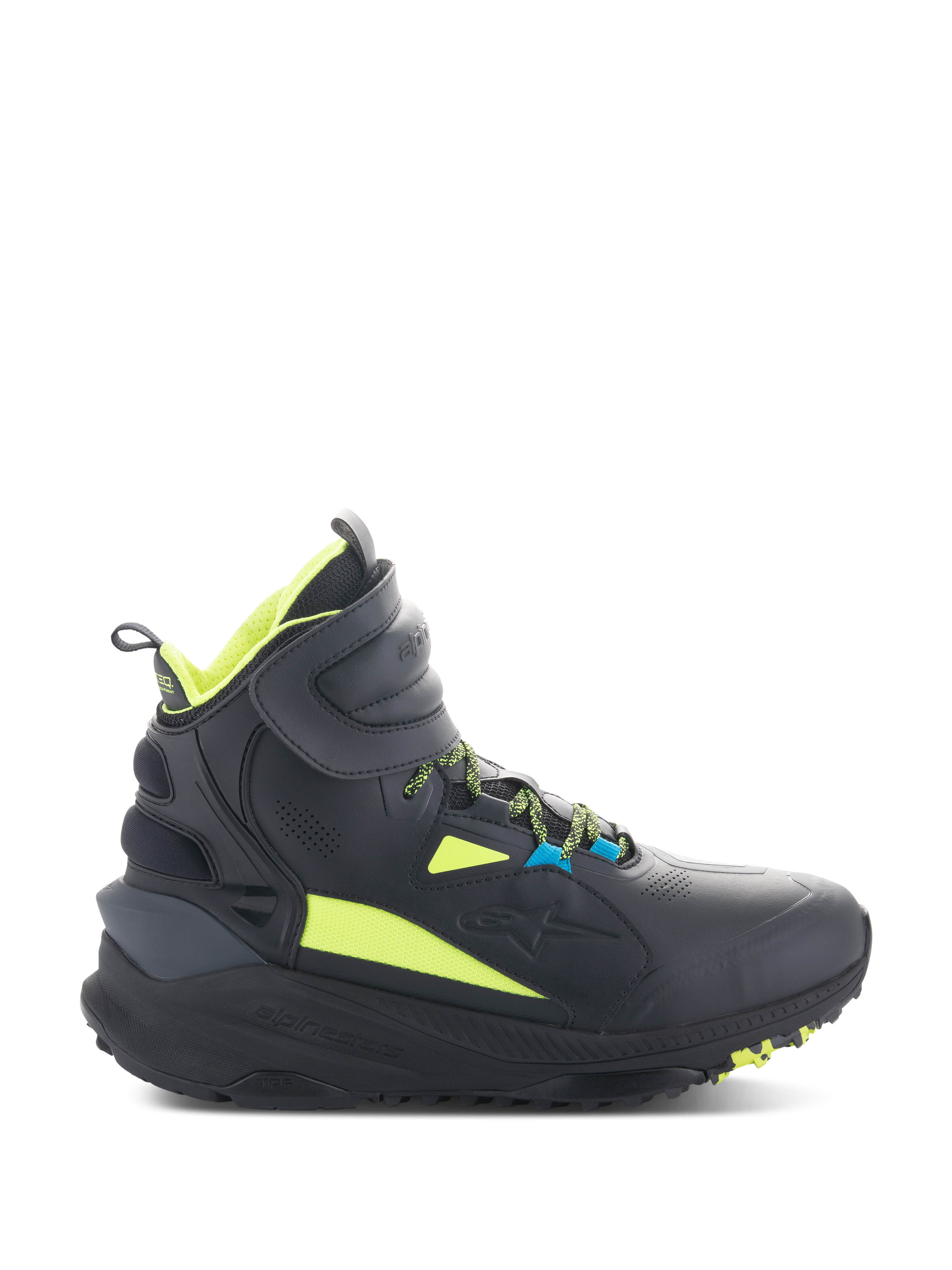 Alpinestars Speedstreet Shoes, czarne wysokie sneakersy motocyklowe z neonowożółtymi i niebieskimi akcentami, gruba teksturowana podeszwa, wyściełany kołnierz, nowoczesny sportowy design do jazdy miejskiej