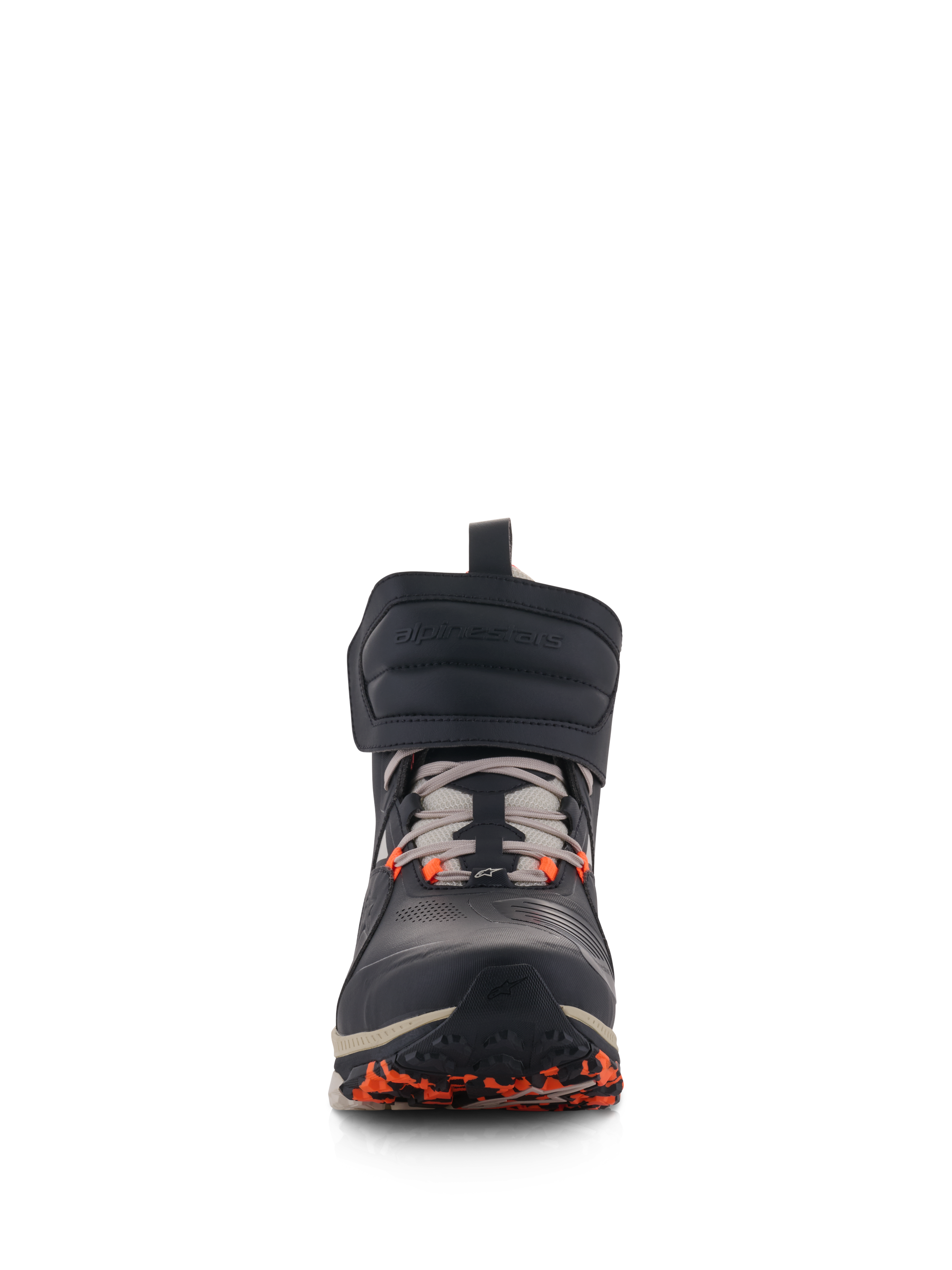 Buty Alpinestars Speedstreet, miejskie buty motocyklowe, Black Almond i Hot Orange, widok z przodu z dużym paskiem na rzep przy kostce, sznurowanym zapięciem i pomarańczowymi akcentami na podeszwie