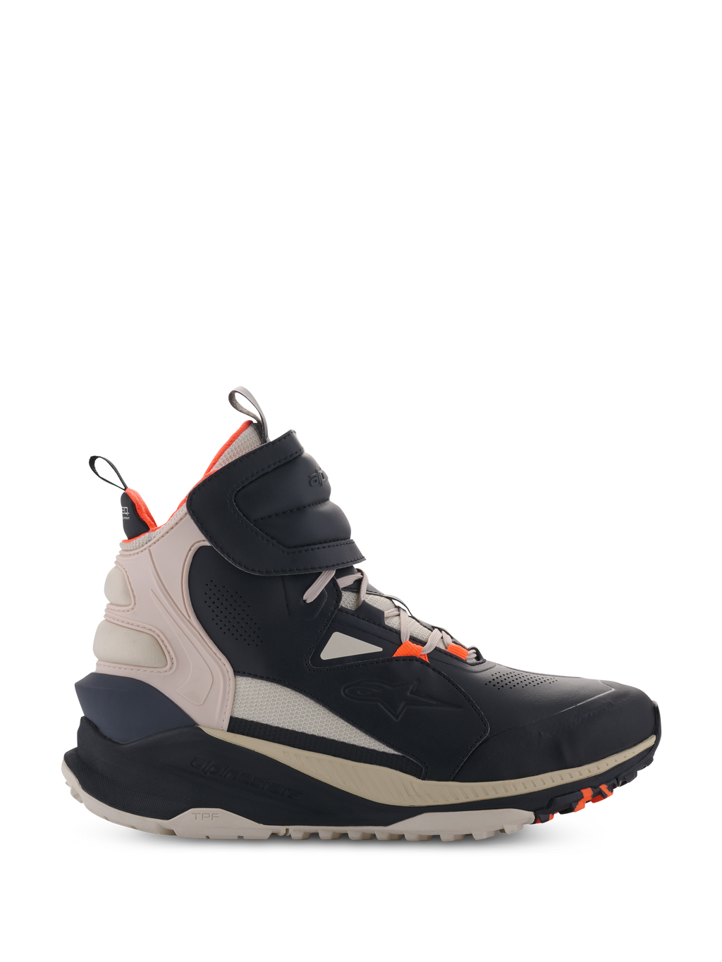 Buty Alpinestars Speedstreet, wysokie sneakersy motocyklowe, czarne i migdałowe z pomarańczowymi akcentami, cholewka z mikrofibry w stylu ulicznym z perforowanymi detalami, gruba ergonomiczna podeszwa, nowoczesny miejski design z paskiem na rzep