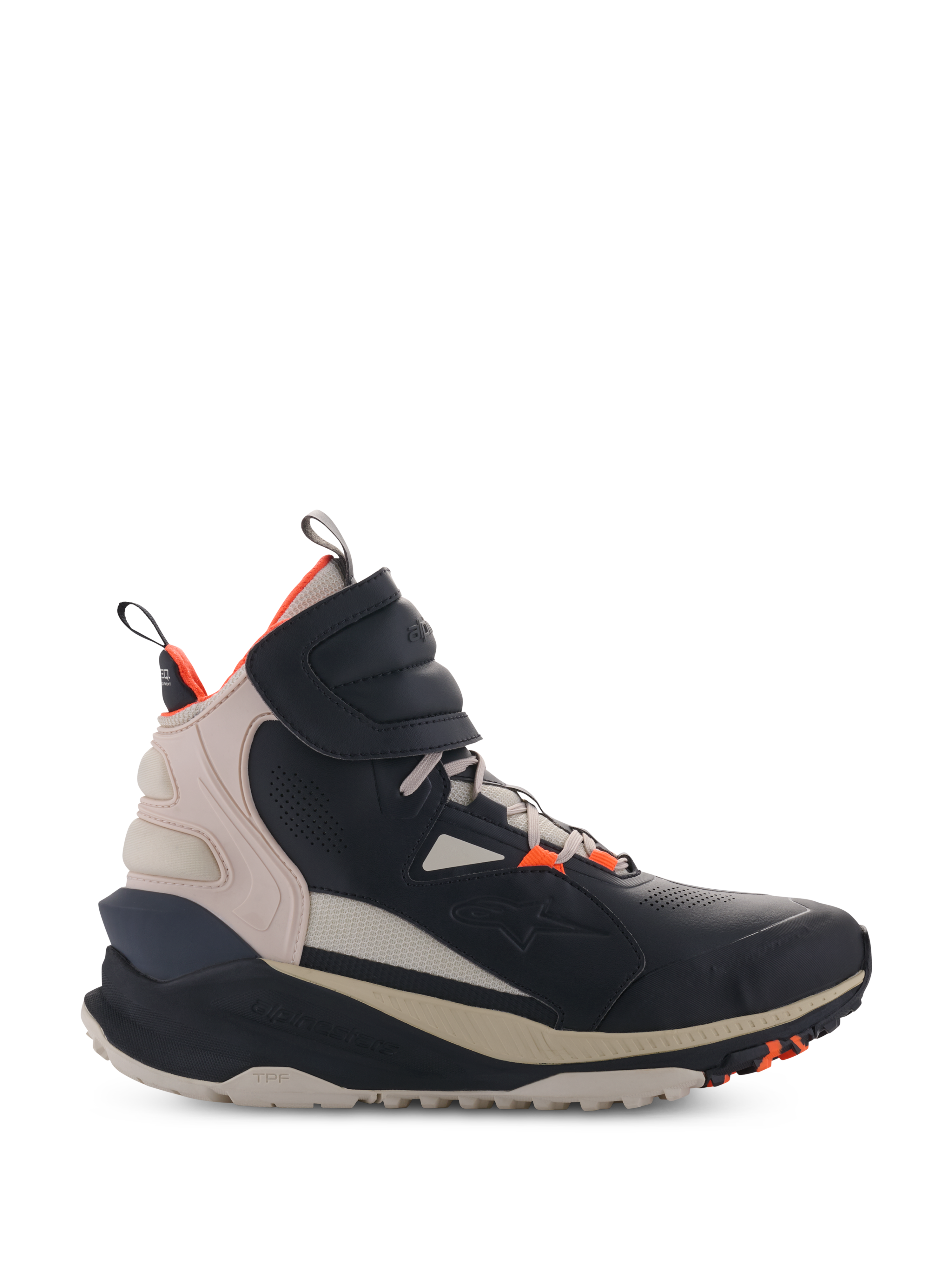 Buty Alpinestars Speedstreet, wysokie sneakersy motocyklowe, czarne i migdałowe z pomarańczowymi akcentami, cholewka z mikrofibry w stylu ulicznym z perforowanymi detalami, gruba ergonomiczna podeszwa, nowoczesny miejski design z paskiem na rzep