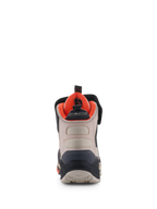 Buty Alpinestars Speedstreet, buty motocyklowe, czarne, migdałowe i jaskrawopomarańczowe, widok z tyłu pokazujący wzmocniony zapiętek, migdałowe panele z mikrofibry, jaskrawopomarańczowa wyściółka i branding MO.ST.EQ.