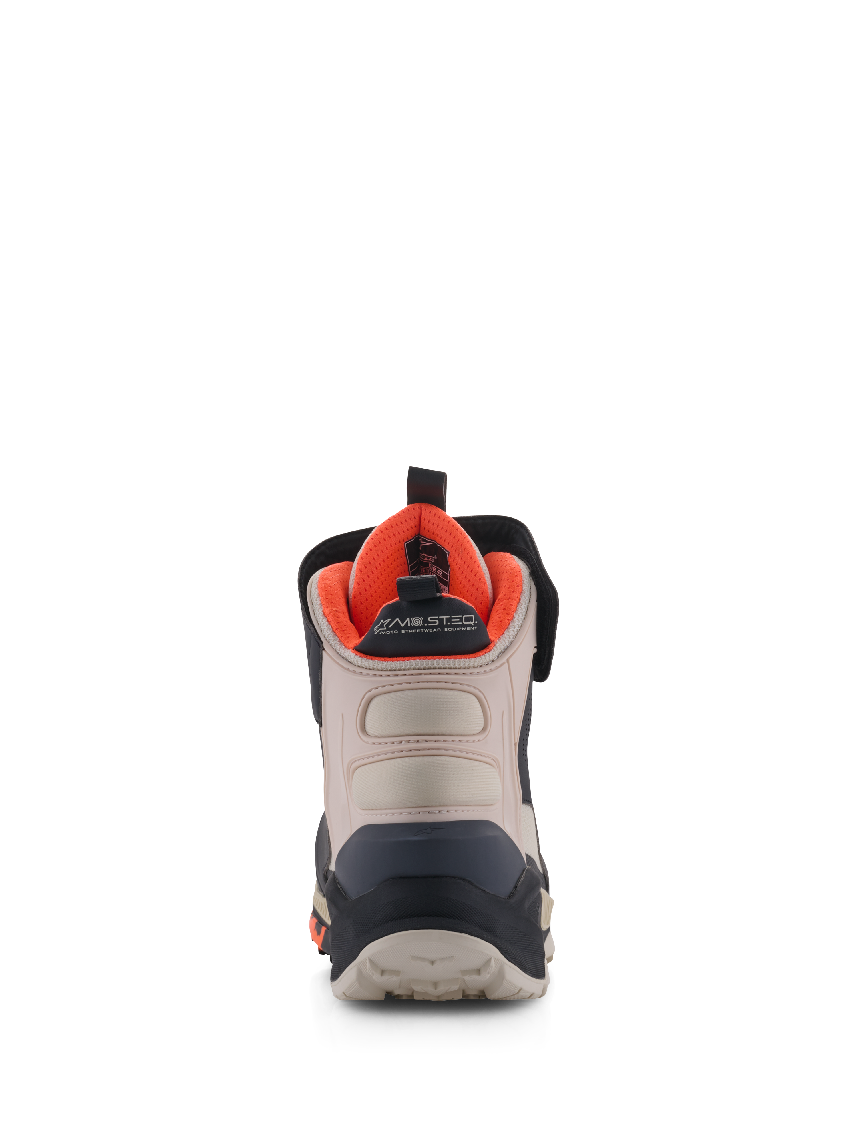 Buty Alpinestars Speedstreet, buty motocyklowe, czarne, migdałowe i jaskrawopomarańczowe, widok z tyłu pokazujący wzmocniony zapiętek, migdałowe panele z mikrofibry, jaskrawopomarańczowa wyściółka i branding MO.ST.EQ.