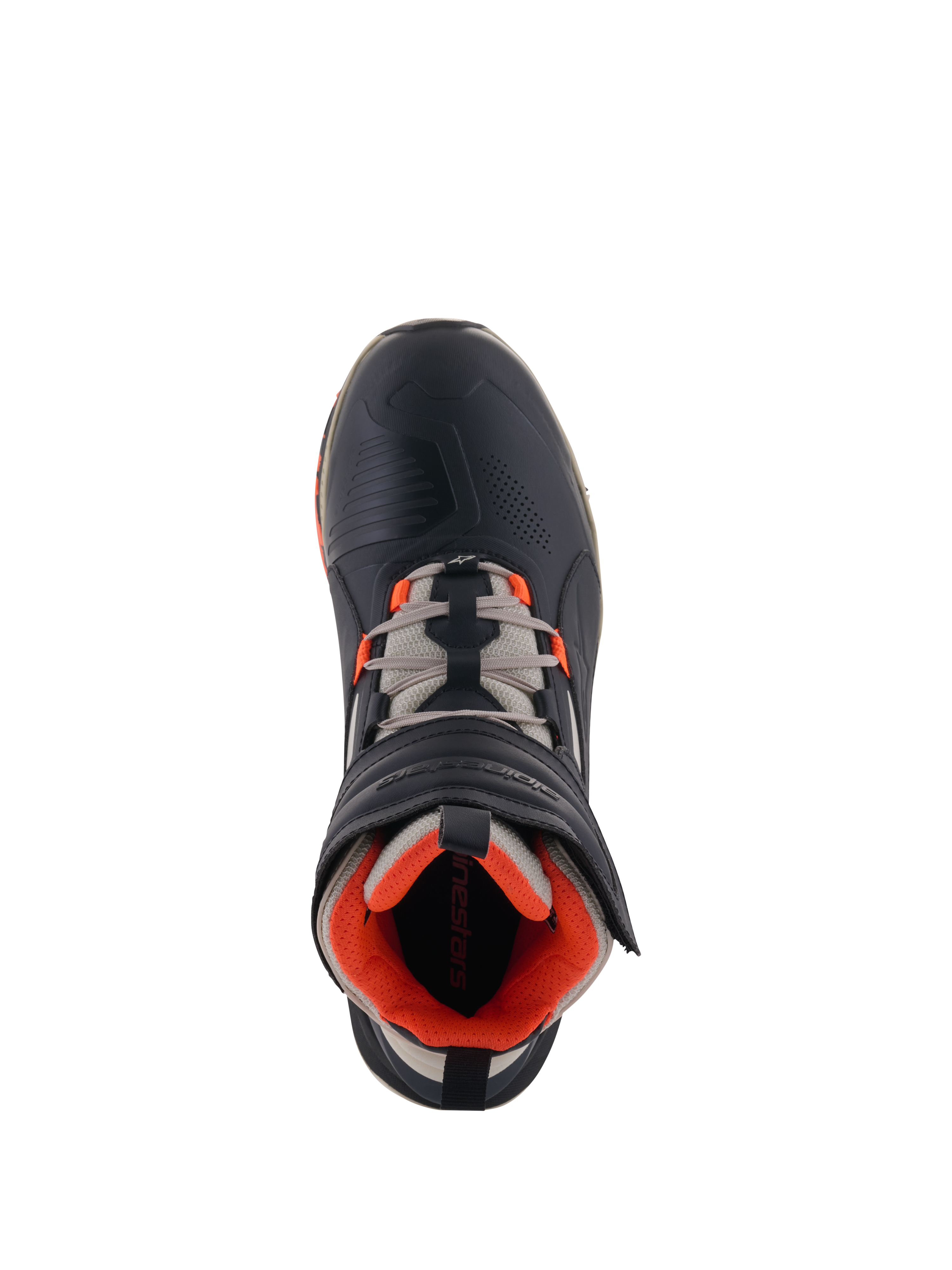 Buty Alpinestars Speedstreet, buty motocyklowe, czarne z szarymi i pomarańczowymi elementami, widok z góry na czarną cholewkę z mikrofibry z pomarańczowymi akcentami, szare sznurowadła i ergonomiczny pasek na rzep, miejski design inspirowany motorsportem