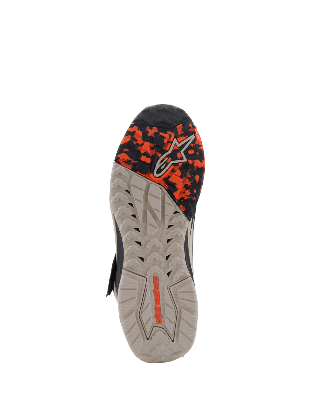 Buty Alpinestars Speedstreet, widok podeszwy zewnętrznej, kolor Black Almond Hot Orange, olejoodporna gumowa podeszwa o różnorodnej teksturze z przednią częścią we wzór kamuflażu i wytłoczonym logo Alpinestars, zaprojektowane dla zapewnienia przyczepności i stabilności