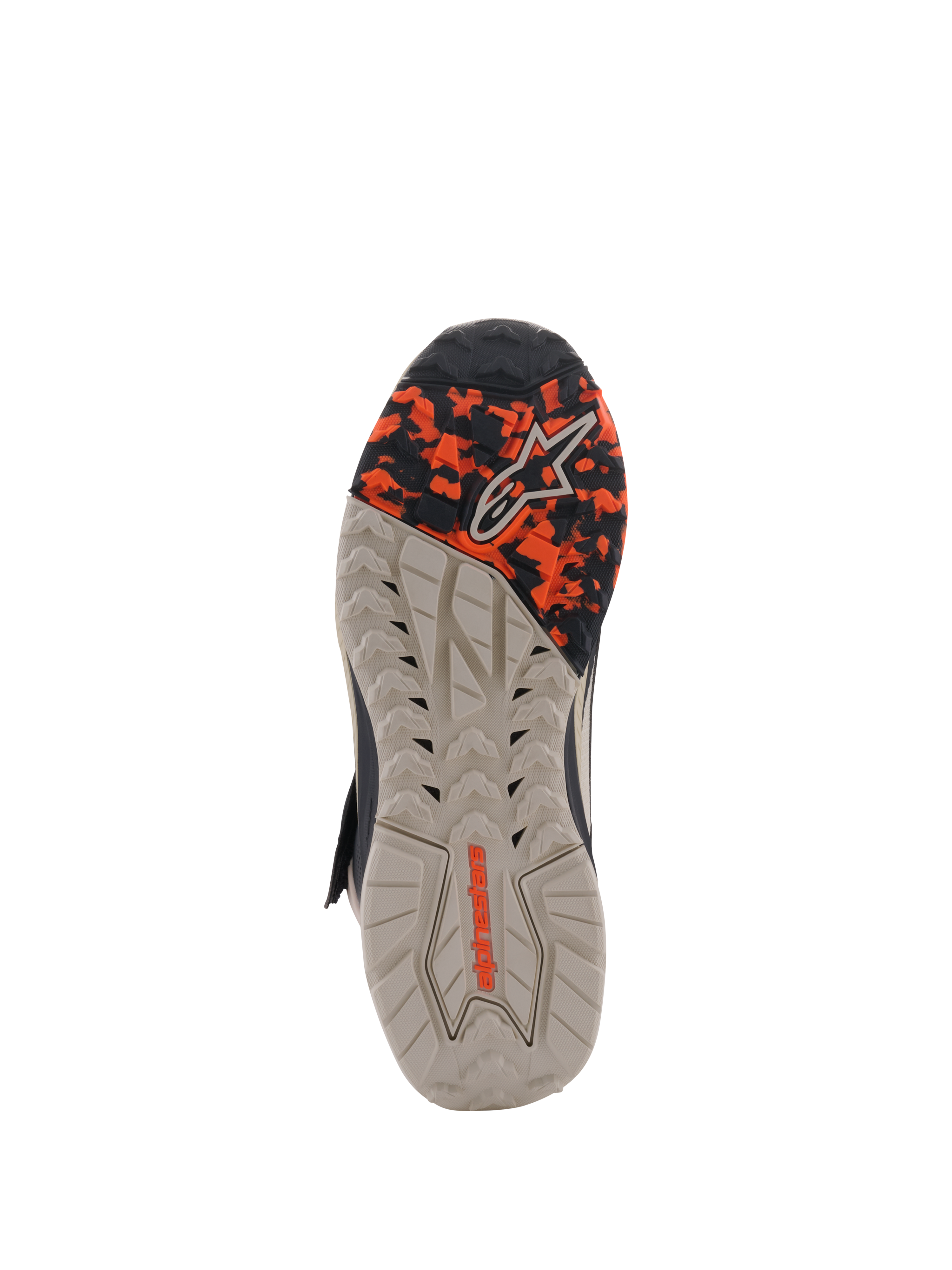 Buty Alpinestars Speedstreet, widok podeszwy zewnętrznej, kolor Black Almond Hot Orange, olejoodporna gumowa podeszwa o różnorodnej teksturze z przednią częścią we wzór kamuflażu i wytłoczonym logo Alpinestars, zaprojektowane dla zapewnienia przyczepności i stabilności