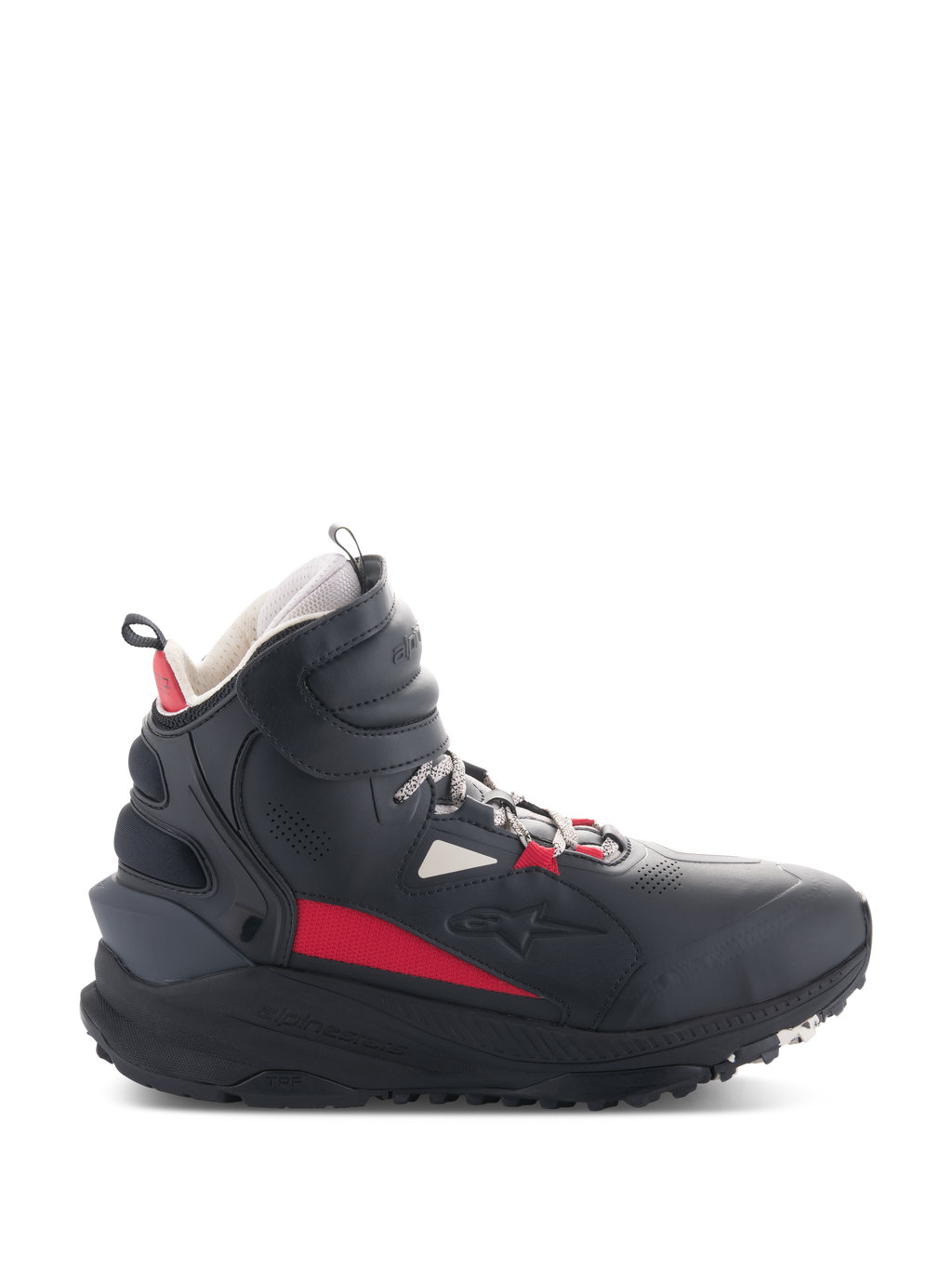 Buty Alpinestars Speedstreet, motocyklowe buty do jazdy, czarne, ecru i jasnoczerwone, wysoki profil boczny, design inspirowany stylem streetwearowym, wyściełany kołnierz kostki, gruba podeszwa z oznaczeniem TPF, obuwie ochronne do jazdy miejskiej