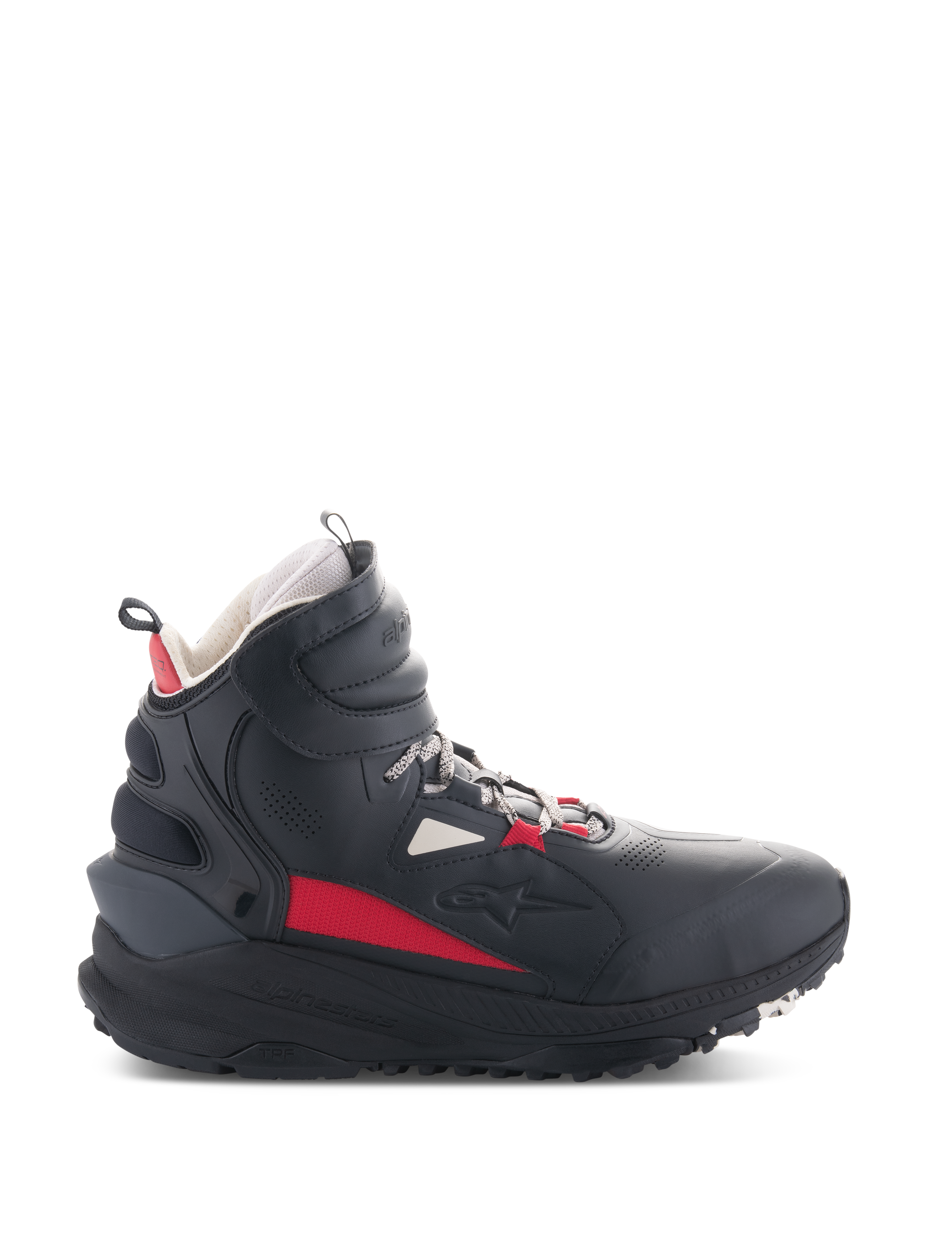 Buty Alpinestars Speedstreet, motocyklowe buty do jazdy, czarne, ecru i jasnoczerwone, wysoki profil boczny, design inspirowany stylem streetwearowym, wyściełany kołnierz kostki, gruba podeszwa z oznaczeniem TPF, obuwie ochronne do jazdy miejskiej