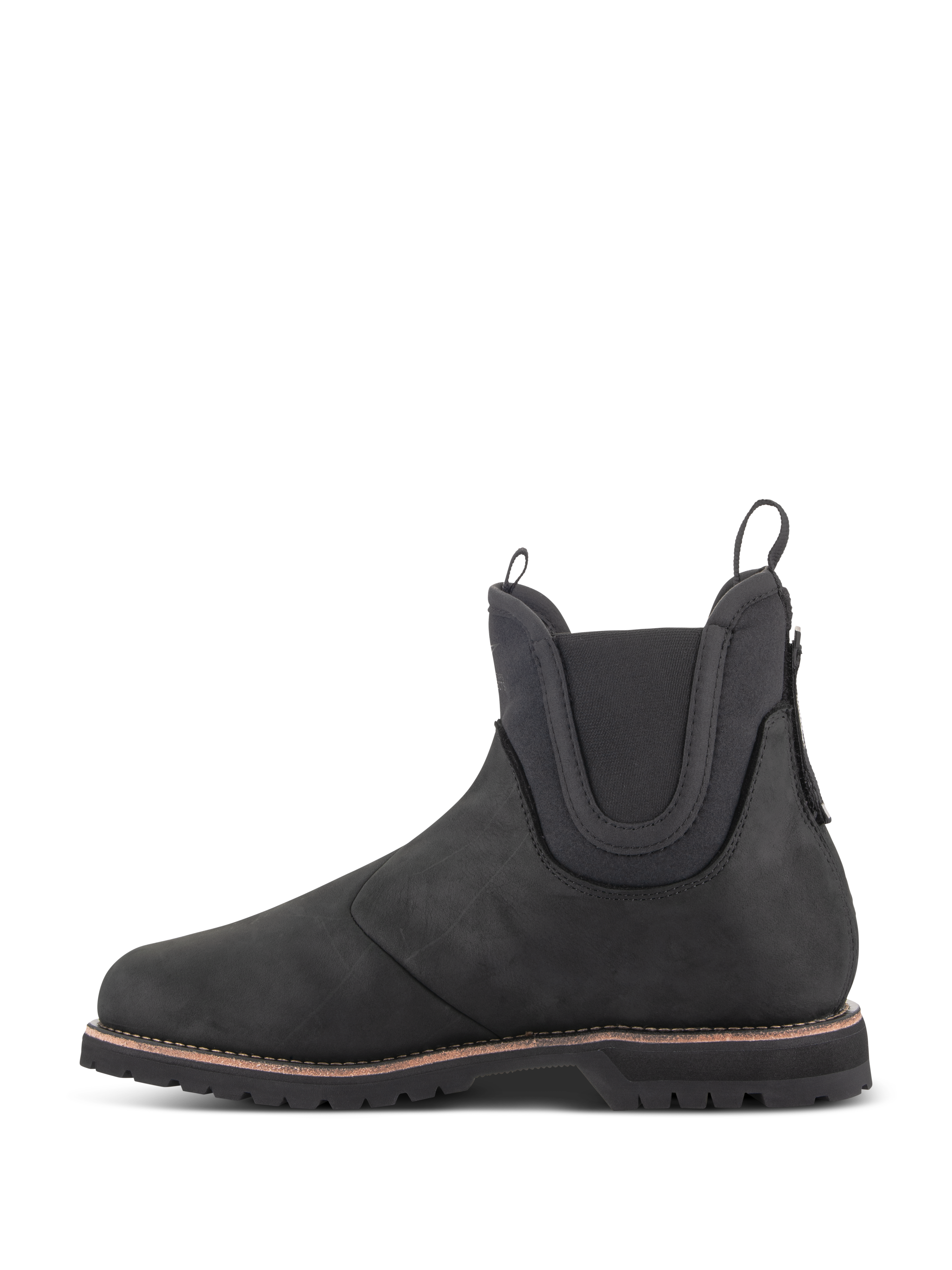 Alpinestars Turnstone Shoes, czarne buty motocyklowe w stylu Chelsea, widok z boku, wykonane z 1,5 mm skóry bydlęcej z elastycznymi panelami na kostkach oraz przednim i tylnym uchwytem
