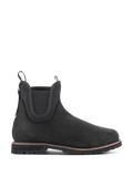 Buty Alpinestars Turnstone w kolorze czarnym, motocyklowe botki w stylu Chelsea, matowa skóra bydlęca z elastycznymi panelami bocznymi, gruba podeszwa z bieżnikiem i brązowym otokiem, ochronne obuwie do jazdy miejskiej.