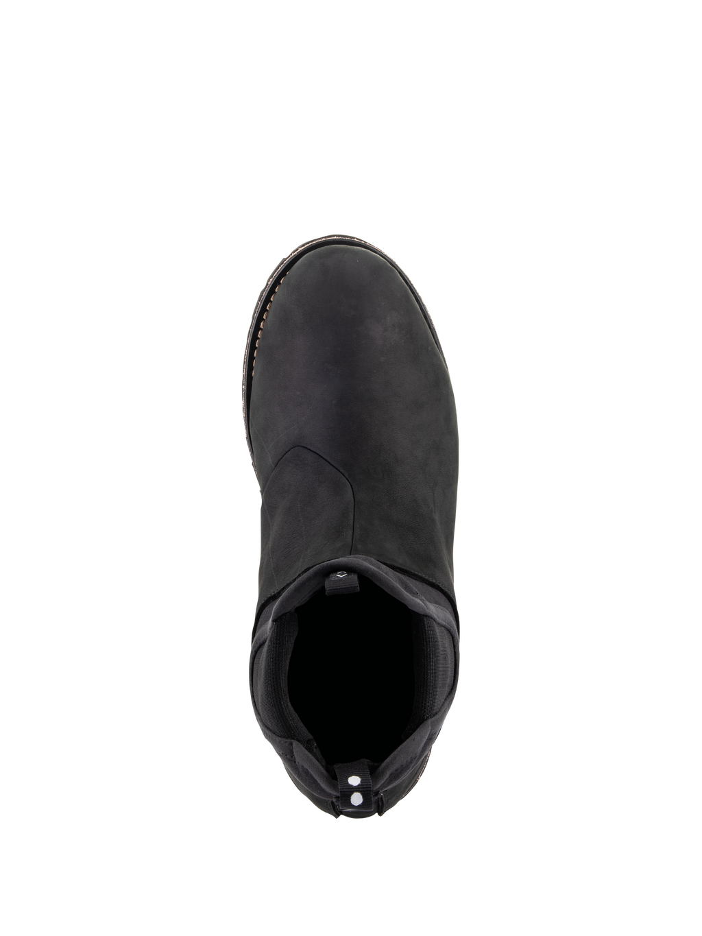 Alpinestars Turnstone Shoes, czarne, widok z góry na miejskie buty motocyklowe wykonane ze skóry bydlęcej, elastyczne wejście w stylu Chelsea, tylny uchwyt z białymi kropkami, minimalistyczne obuwie ochronne do użytku szosowego.
