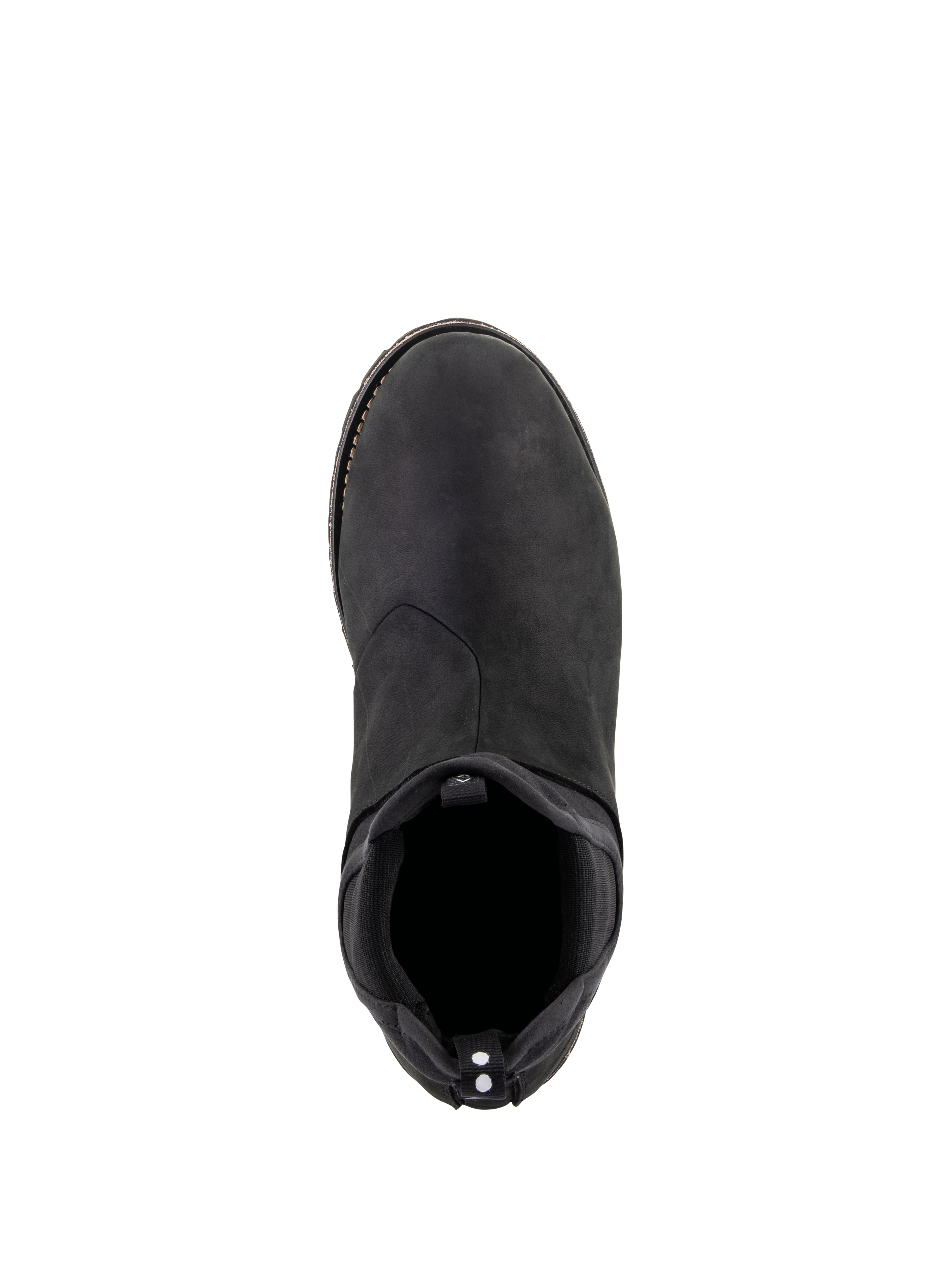 Alpinestars Turnstone Shoes, czarne, widok z góry na miejskie buty motocyklowe wykonane ze skóry bydlęcej, elastyczne wejście w stylu Chelsea, tylny uchwyt z białymi kropkami, minimalistyczne obuwie ochronne do użytku szosowego.