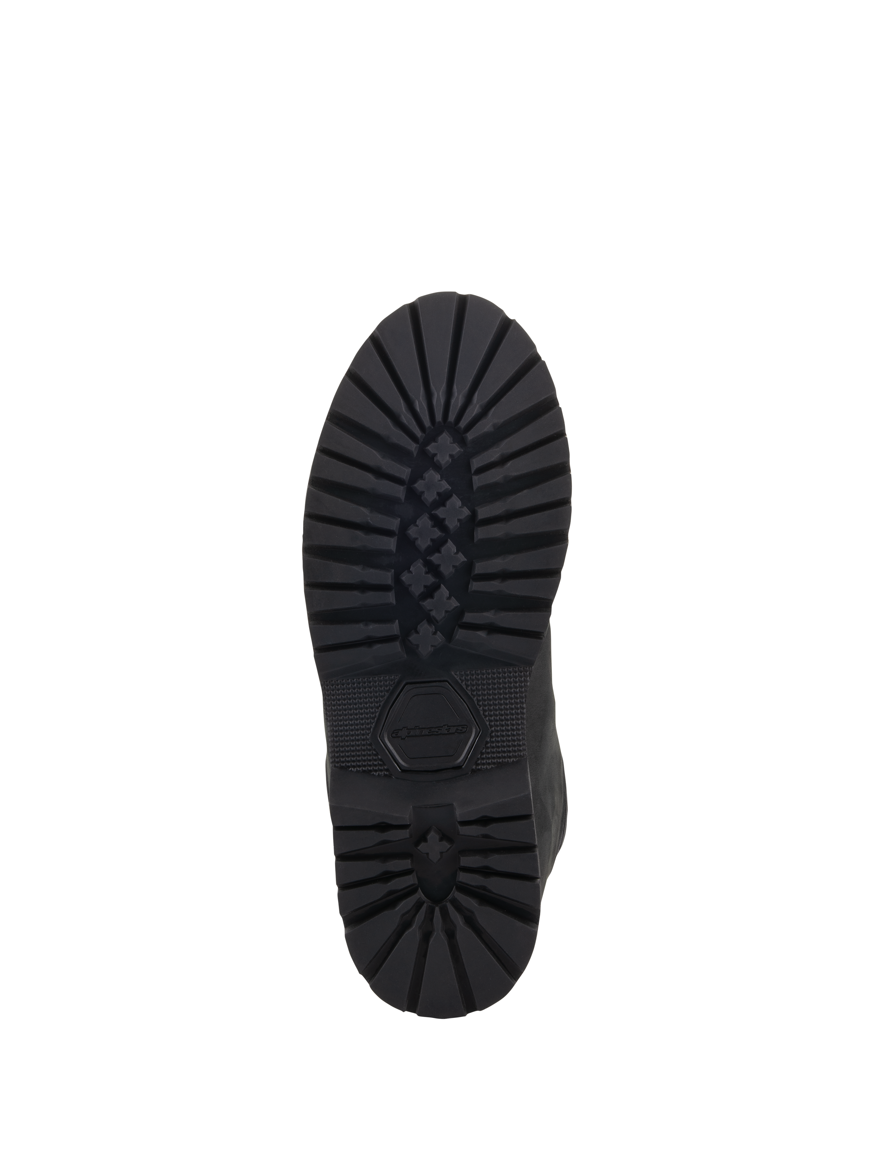 Alpinestars Turnstone Shoes, czarne, widok od dołu wytrzymałej gumowej podeszwy zewnętrznej z głębokim bieżnikiem w kształcie gwiazdy i wytłoczonym logo Alpinestars, wytrzymałe miejskie obuwie motocyklowe
