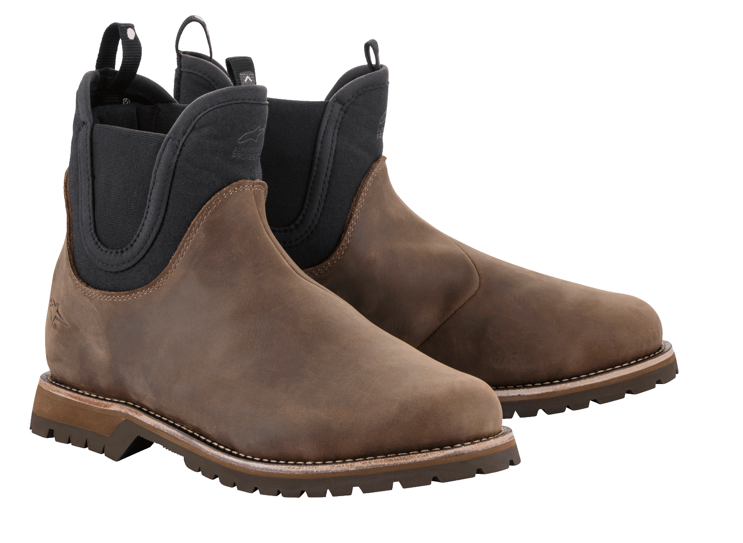 Alpinestars Turnstone Shoes, Chelsea-style Motorcycle Boots, Chocolate Brown, full-grain leather upper with black elastic side panels, rugged lugged sole, protective urban riding footwear