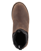 Alpinestars Turnstone Shoes, Chocolate Brown leather motorcycle boots, Chelsea boot style, top-down view showing the smooth bovine leather upper and padded ankle opening, urban riding footwear
